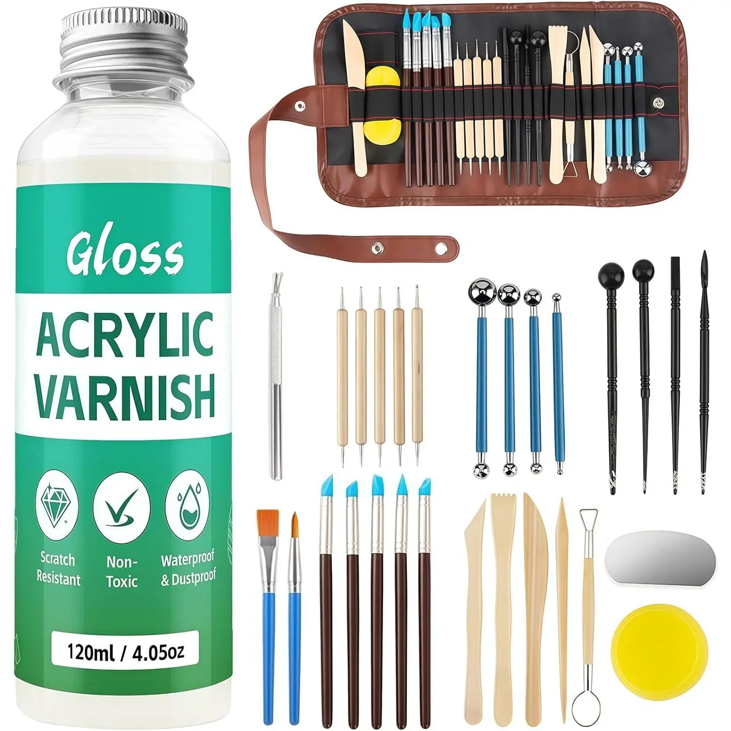 120ML Air Dry Clay  with 29 count Clay Tools Kit, Gloss Polymer Clay Kit and Clay Varnish, Pottery Tool Kit for Sculpting, Modeling, Shaping Crafts, High Gloss, Scratch Resistant