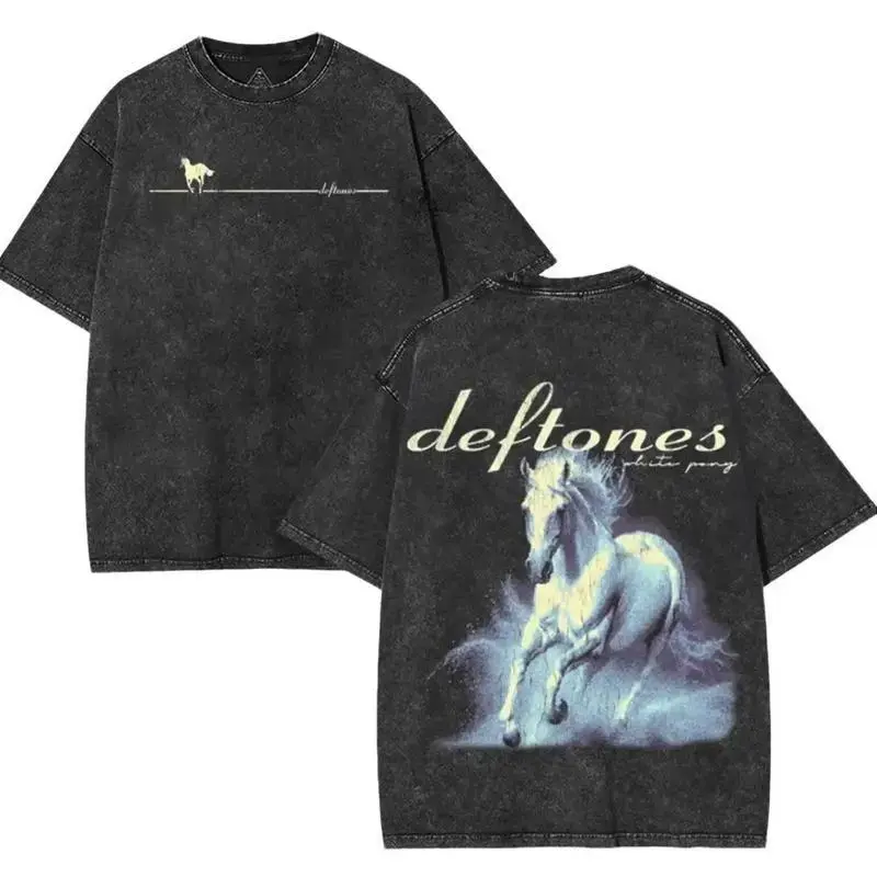 Men's Retro Deftones Pony Logo T-Shirt-A washed, loose-fit, thick cotton short-sleeve T-shirt with a simple yet fun design; unisex alternative metal/grunge round-neck T-shirt, perfect for the gym