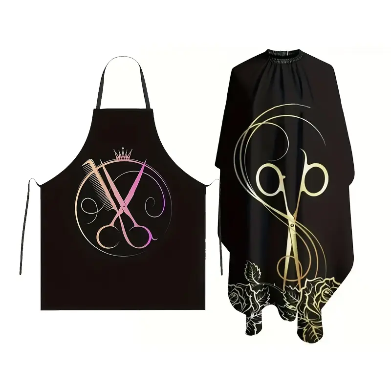 2-Piece Hairdressing Cape & Apron Set with Scissors Pattern - Waterproof Barber Cloak & Salon Apron for Hairdresser, Haircuts, Styling, Haircare, Personal, Home and Barber Shop Hair Care