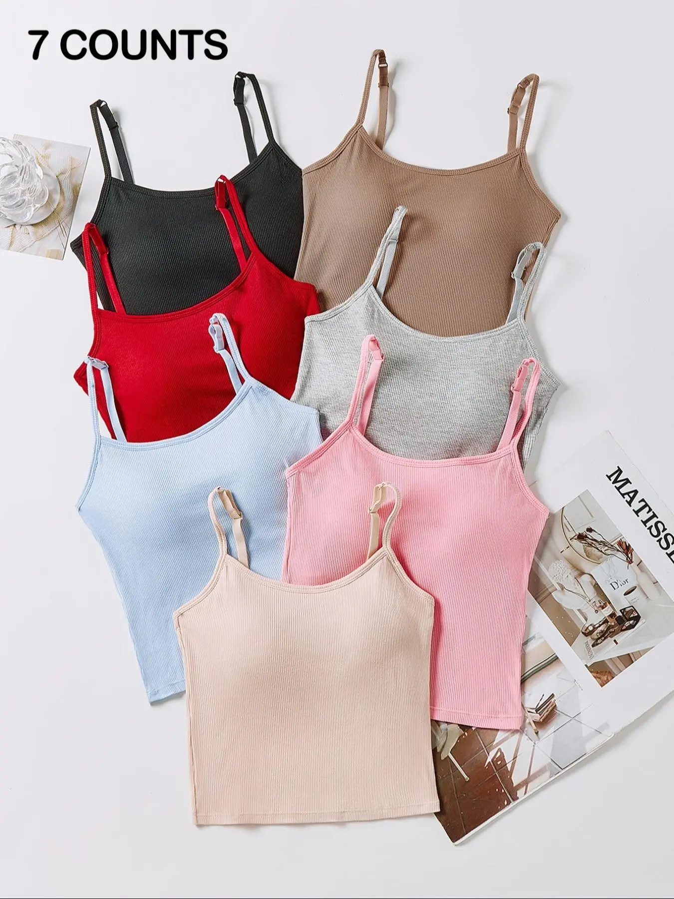 1/2/3/5/7 Counts Women's Solid Ribbed Camisole Crop Spaghetti Strap Cami Top With Padding, Casual Sleeveless Cropped Top for Daily Wear, Ladies Underwear Clothes for All Seasons, Underwear for Women, Summer Tops，Runs Small, Asian Women's Size