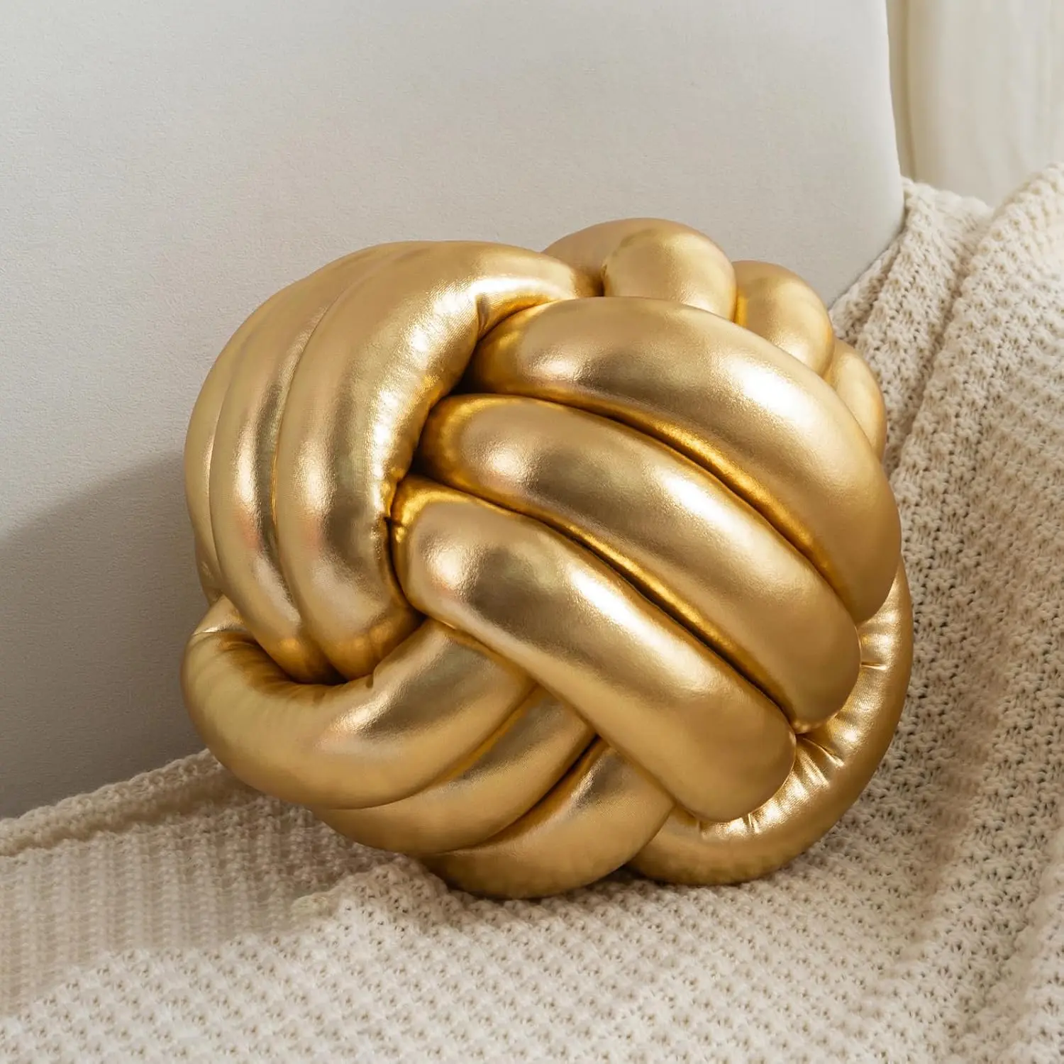 Plush Round Knot Ball Pillow, 11Inch Medium Size Solid Plain Gold, Minimalist Home Decor for Bedroom (Textiles & Soft Furnishings Bedding Linens Pillows & Bed Wedges)