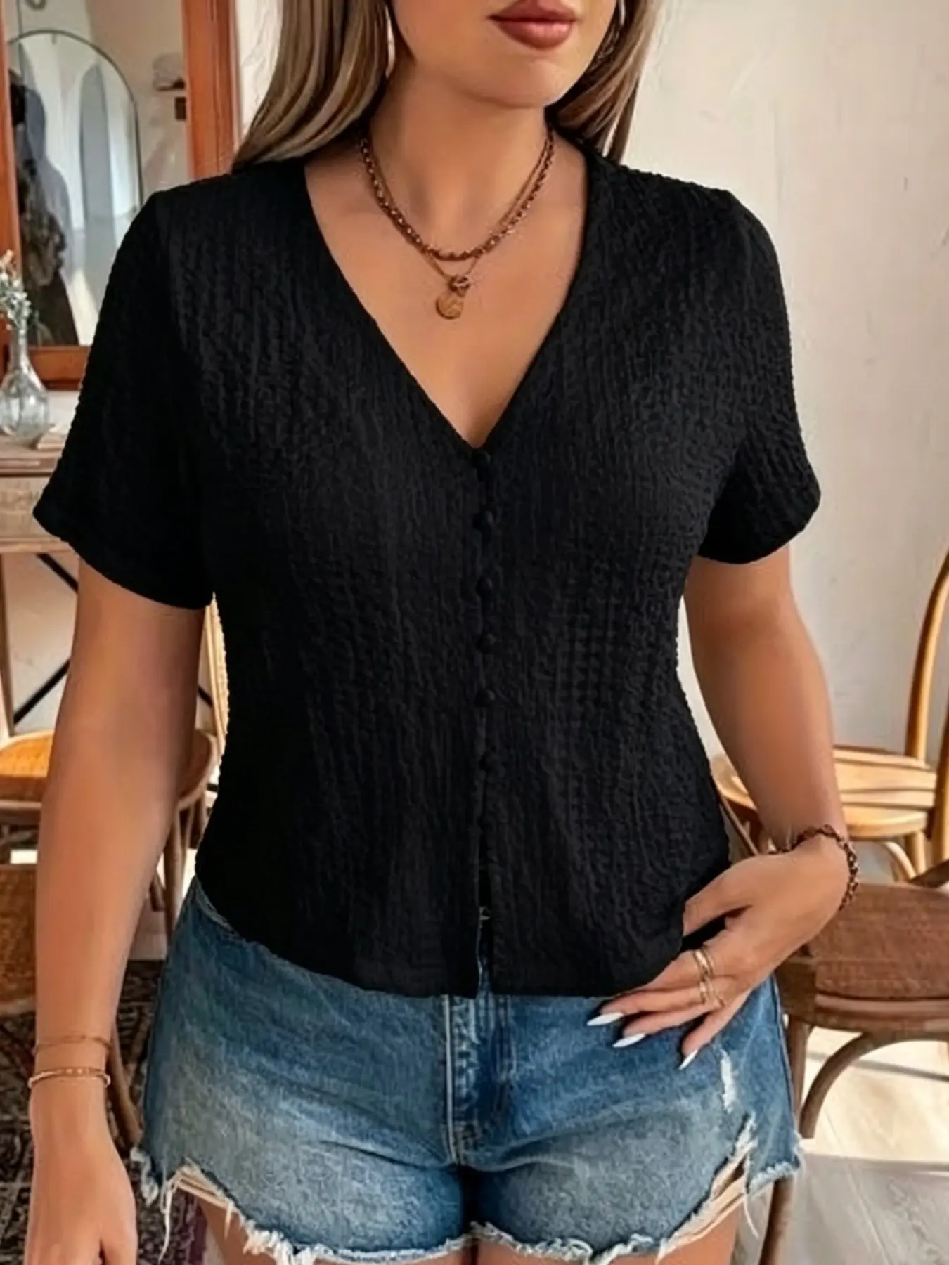 Women's Casual Summer Short Loose Solid Button Front V-Neck Shirt Blouses, Comfortable and Stylish Design, Perfect for Daily Wear, Ideal for Warm Weather, Tops