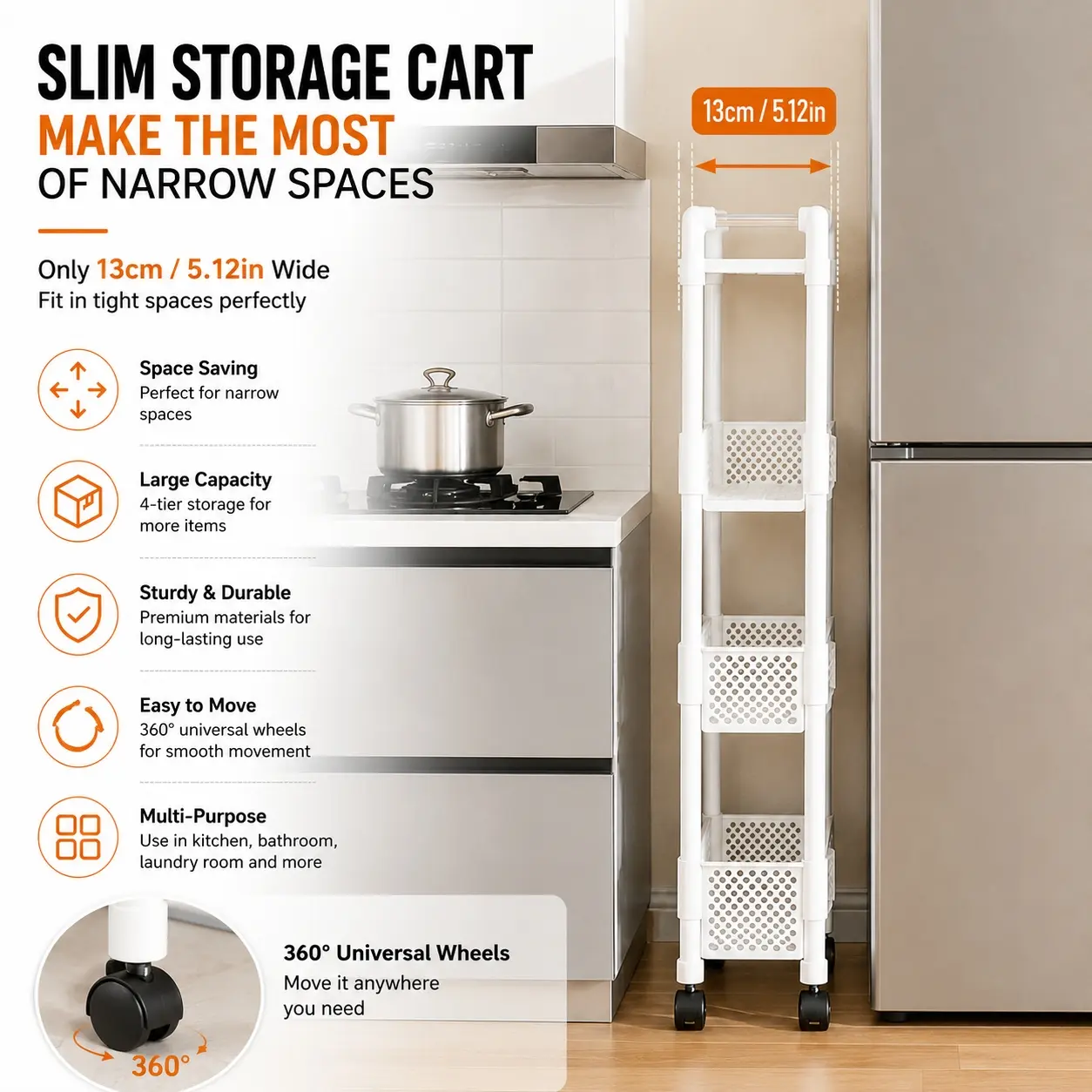 Narrow Space-Saving Multi-Tier Storage Cart with 360° Swivel Casters, Plastic Shelving Unit for Gap Storage in Bathrooms & Kitchens, Organizer Rack for Pantries and Offices, Multi-Functional Movable Storage Shelf