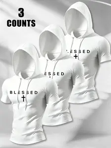 Men's 3-Piece Set, Blessed Cross Faith Letter Slim Fit Hooded Short Sleeve, American Christian Simple Elastic Breathable Hoodie Top