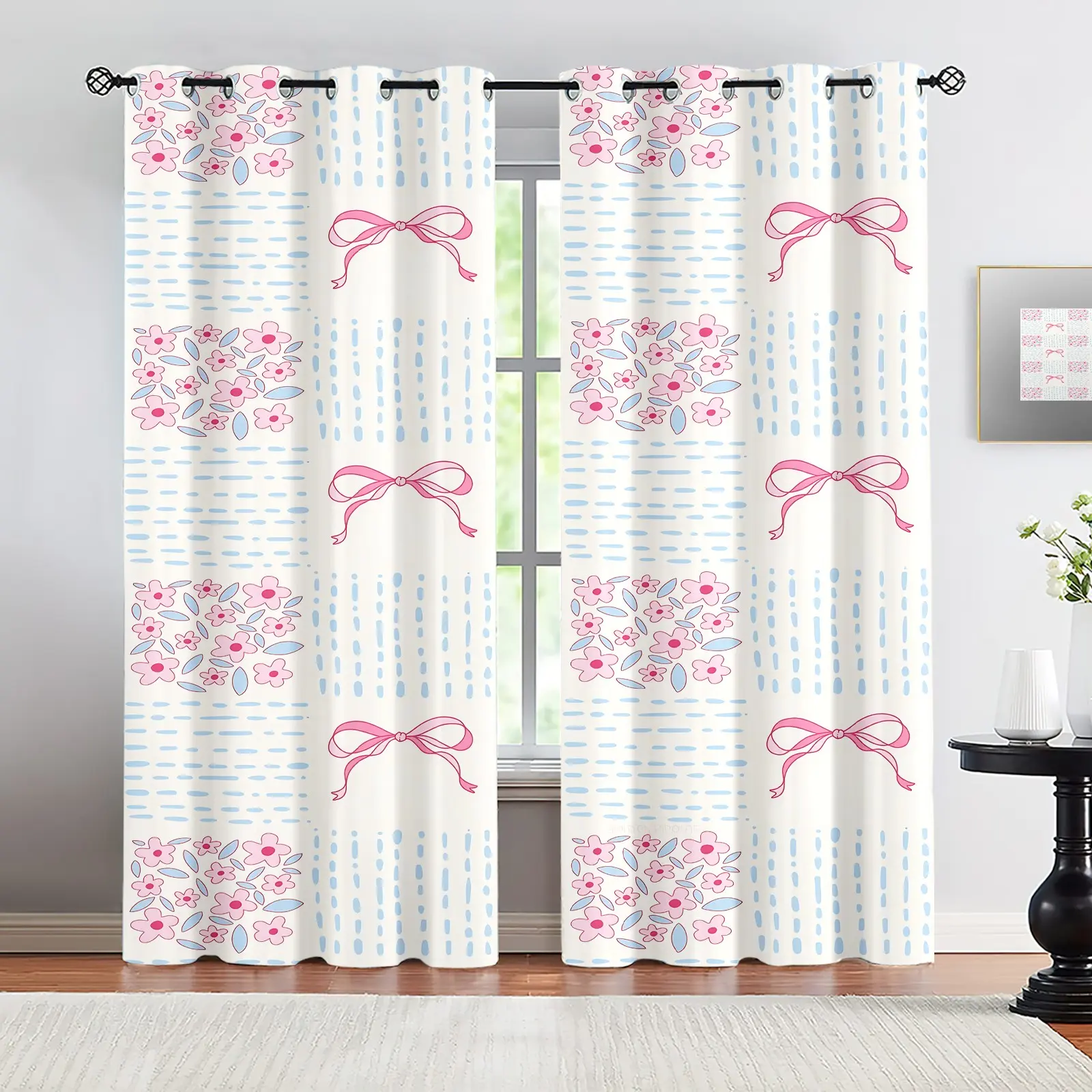 2 Panels Girly Princess Style Printed Curtains,80%-90% Light Blocking Rate Darkening Curtains,Coquette Pink Bow Floral Print Decoration Curtains,Perfect for Bedroom Dorm Room Nursery Living Room Home Decor Gift for Teen Girls