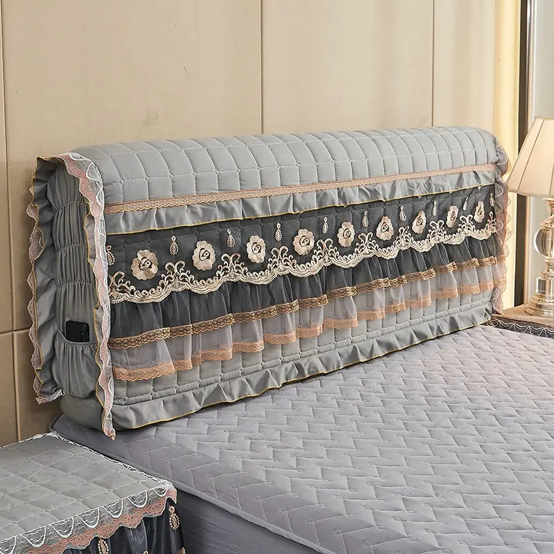 Full Coverage Bed Headboard Cover, Thickened Cotton Padding, Soft Fabric, Lace Trim, Dustproof Design, Wooden Bed Protector, Front and Back, Dustproof Design Covers