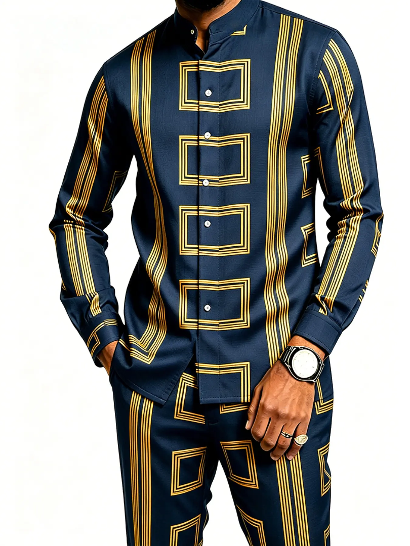 Men's Two-Piece Casual Set, Long-Sleeve Stripe Shirt and Long Pants with Stand Collar, Multi-Color Outfit for Parties and Spring–Autumn Wear, Multifunctional Casual Outfit Set