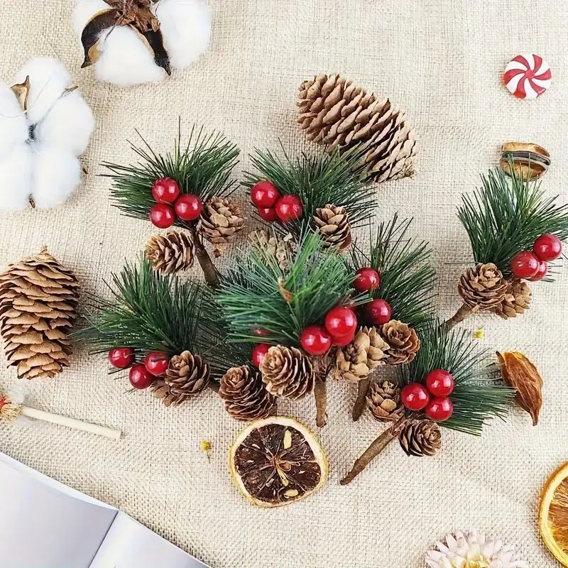 10pcs Artificial Pine Picks with Berries, Americana Style Faux Pine Needles, DIY Christmas Wreaths, Seasonal Decor