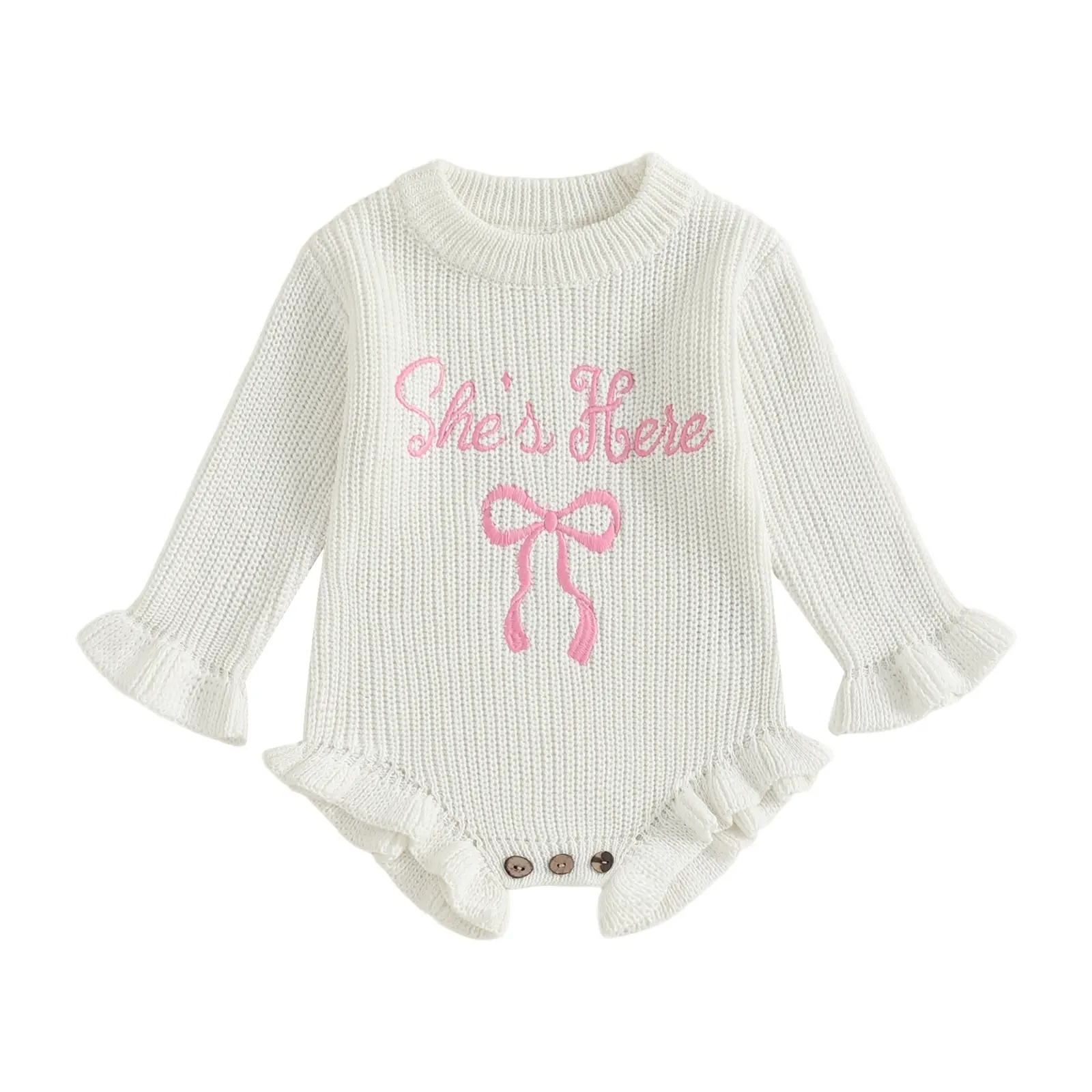 Baby Girl Knit Romper Long Sleeve Crew Neck She's Here Letter Bow Embroidered Sweater Bodysuit Ruffle Sleeve Infant Jumpsuit Newborn Clothes Fashionable Embroidery