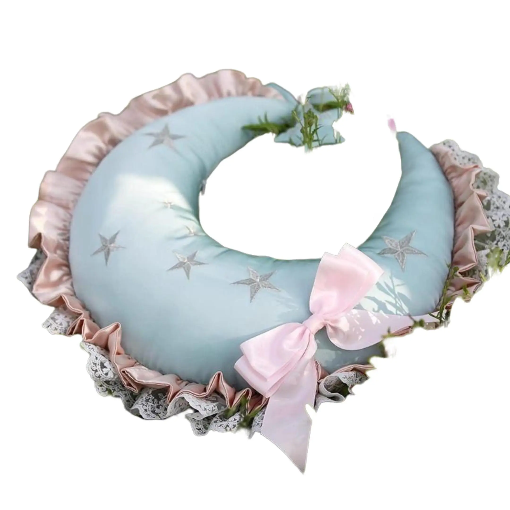 Exquisite Moon Shaped Decorative Pillow with Star Embellishments, Ruffled Trim Luxury Cute Cushion Aesthetic Bedroom Decor for Girls Women #summervibes