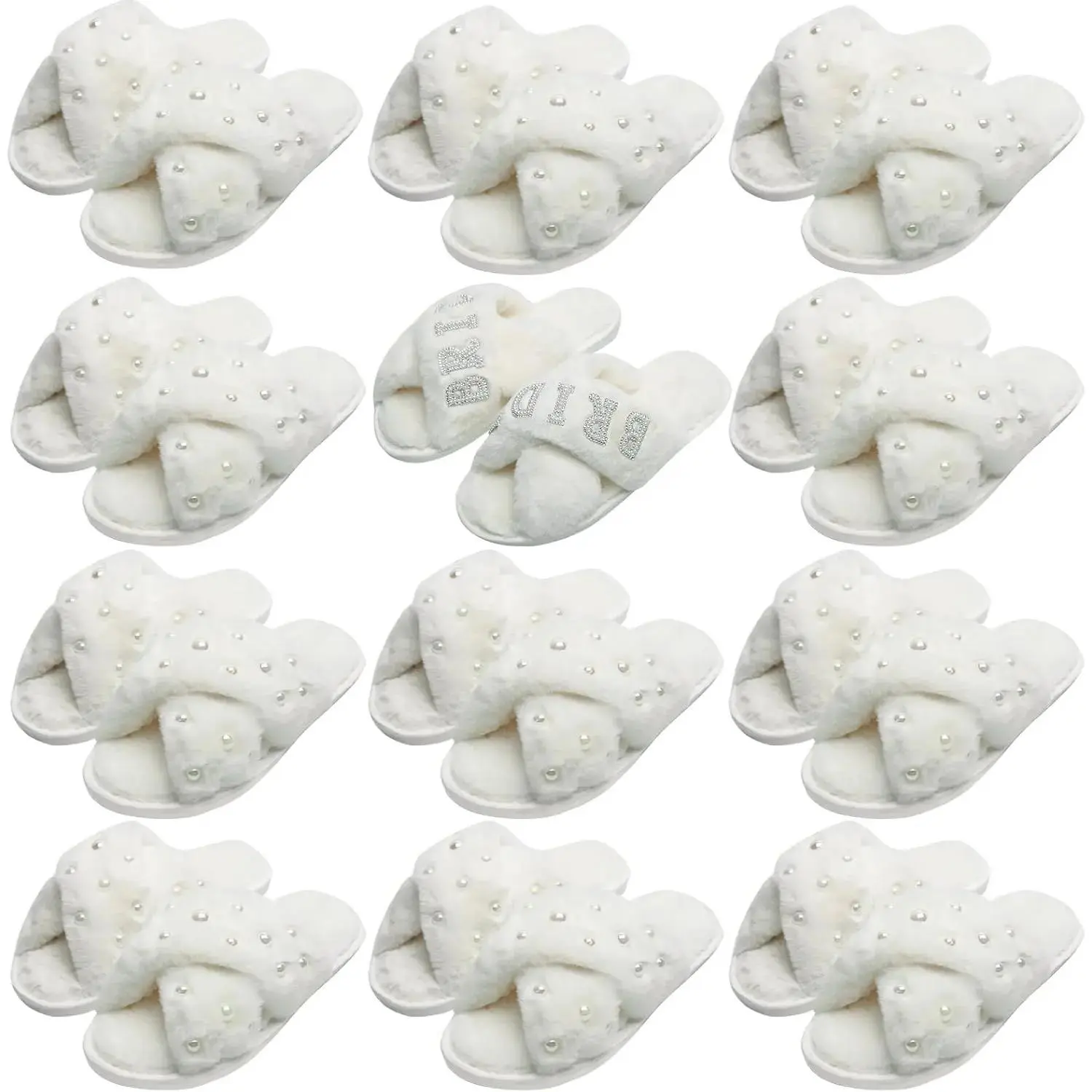 12 Pairs Women's Fuzzy Slippers Bulk Cross Band Open  Bridesmaid Slippers Plush Furry Slippers for Bridal and Bachelorette Party