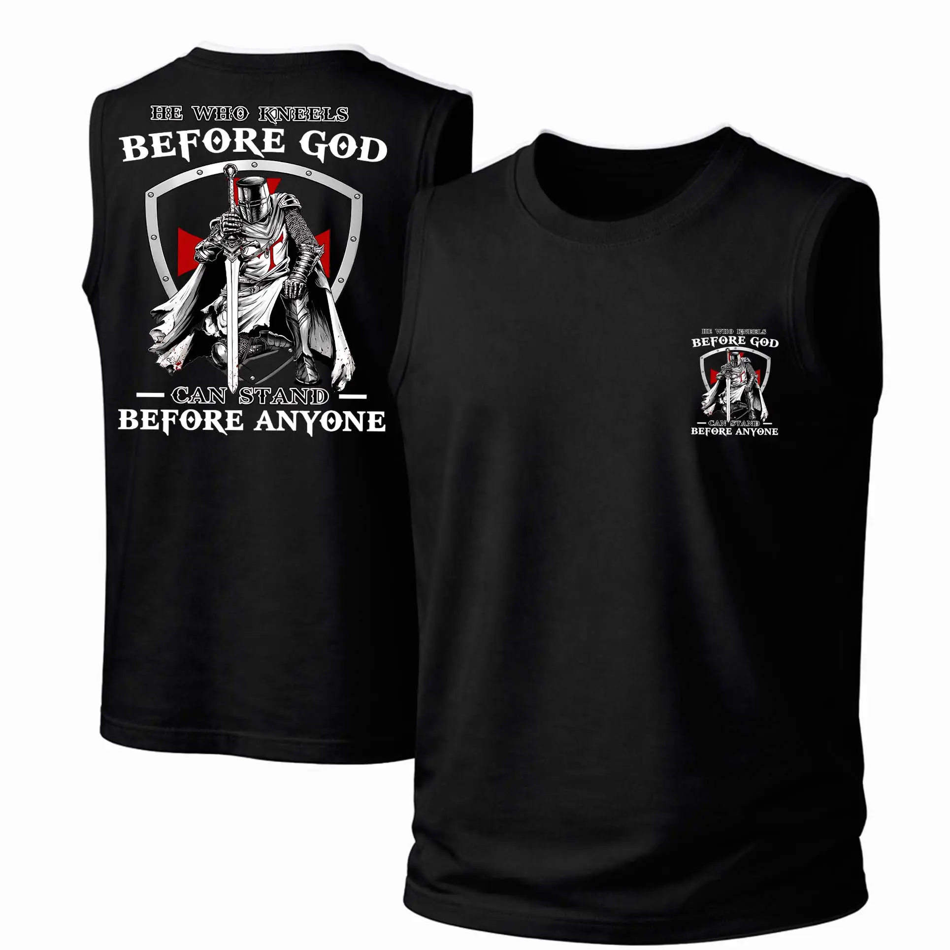 Men's Cotton Sleeveless Crew Neck Tank Top - Unisex Menswear Streetwear Garment, "He Who Kneels Before God Can Stand Before Anyone" Print, Breathable Fabric, Casual Spring-Summer Wear, Soft, Loose