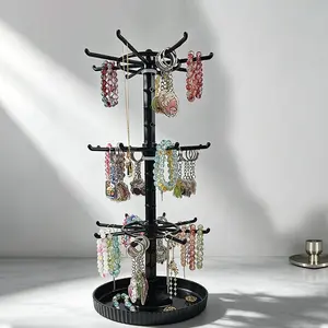 Rotatable 3-Tier Bracelet Display Stand, Multifunctional Jewelry Organizer, Oval 3-Tier Black Jewelry Tree Holder, Ideal for Storing Keychains & Accessories, Suitable for Household & Retail Use