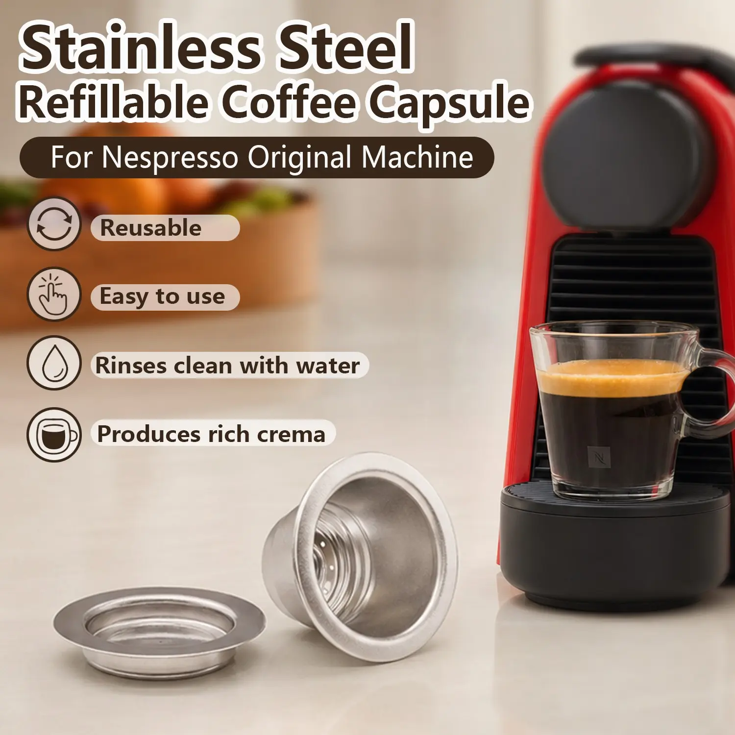 Stainless Steel Refillable Coffee Capsule with Upgraded Crema Design for Nespresso Original Machine (1/2/3/4 Counts/set), Reusable Coffee Pod, Coffee Tamper, Coffee Making Tool