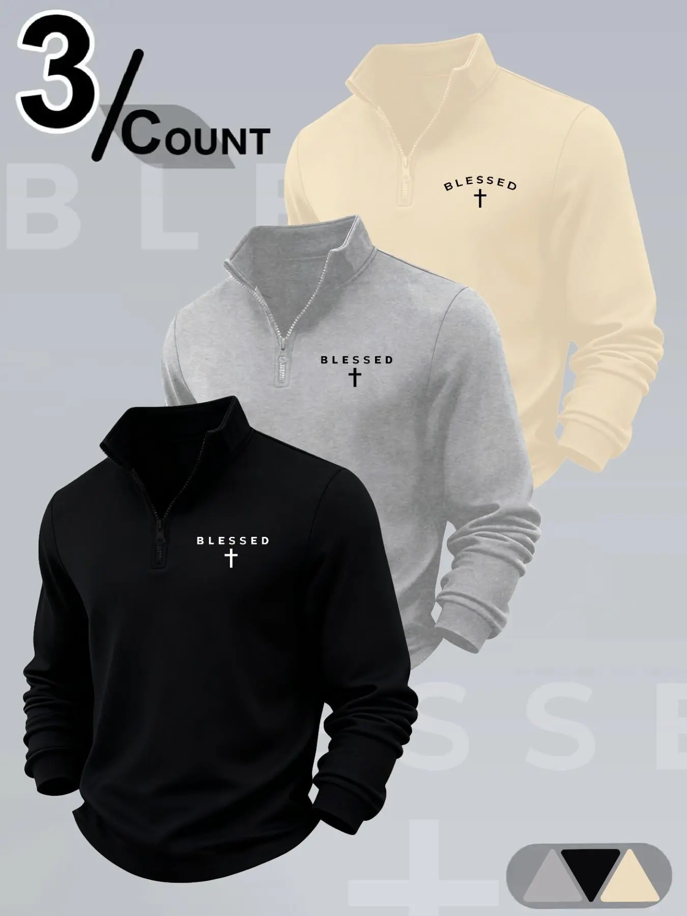 Three-Piece Set Blessed Cross Print Men's Half-Zip Stand Collar Sweatshirt, Casual Geometric Pattern, Fitted Zipper Fly Design