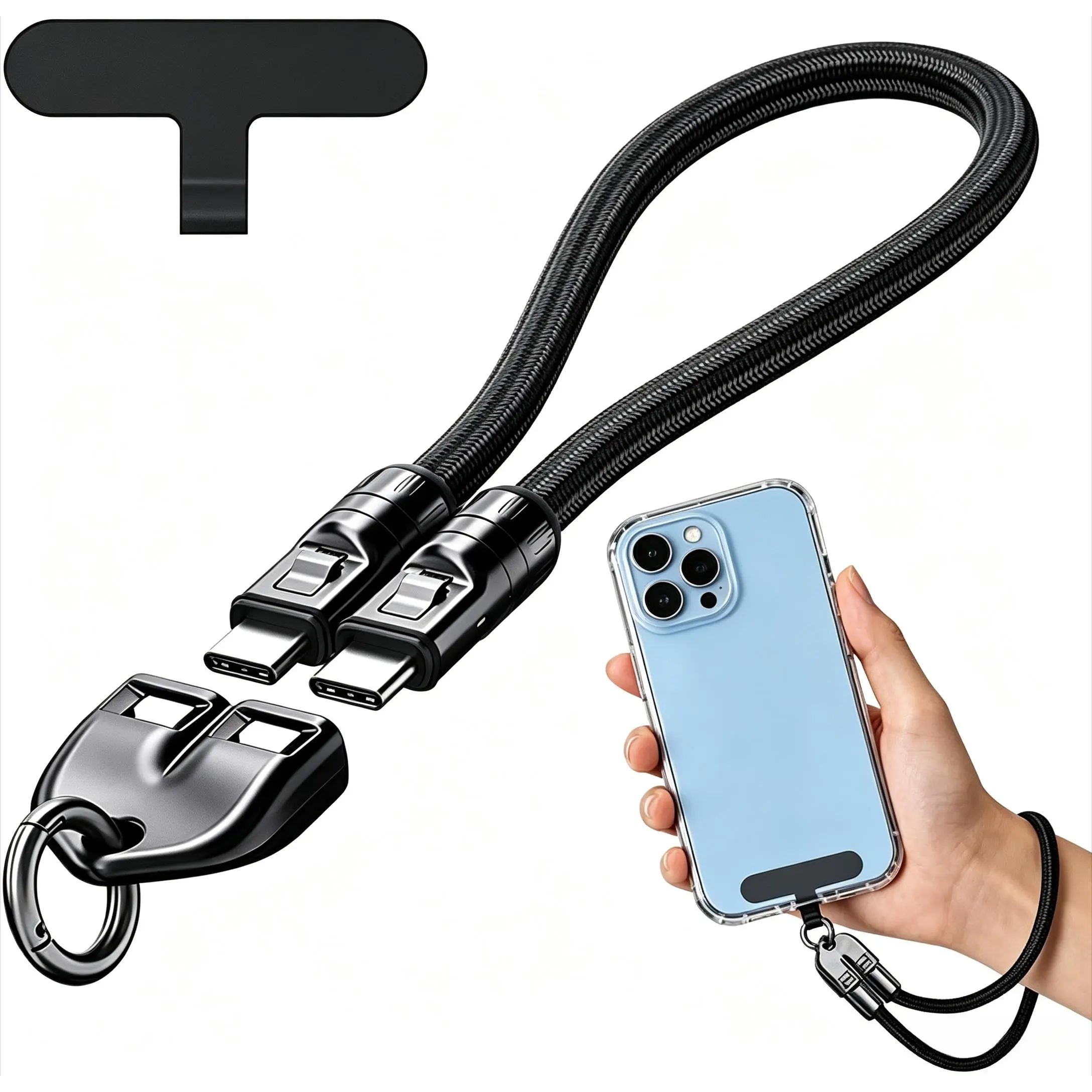 2‑in‑1 Phone Lanyard Charging Cable, 240W 5A PD Fast Charger Type‑C to Type‑C Data Cable, Keychain Lanyard USB Cord, Universal Cell Phone Charger for Android & iPhone, Portable Anti‑Lost Phone Strap Accessory
