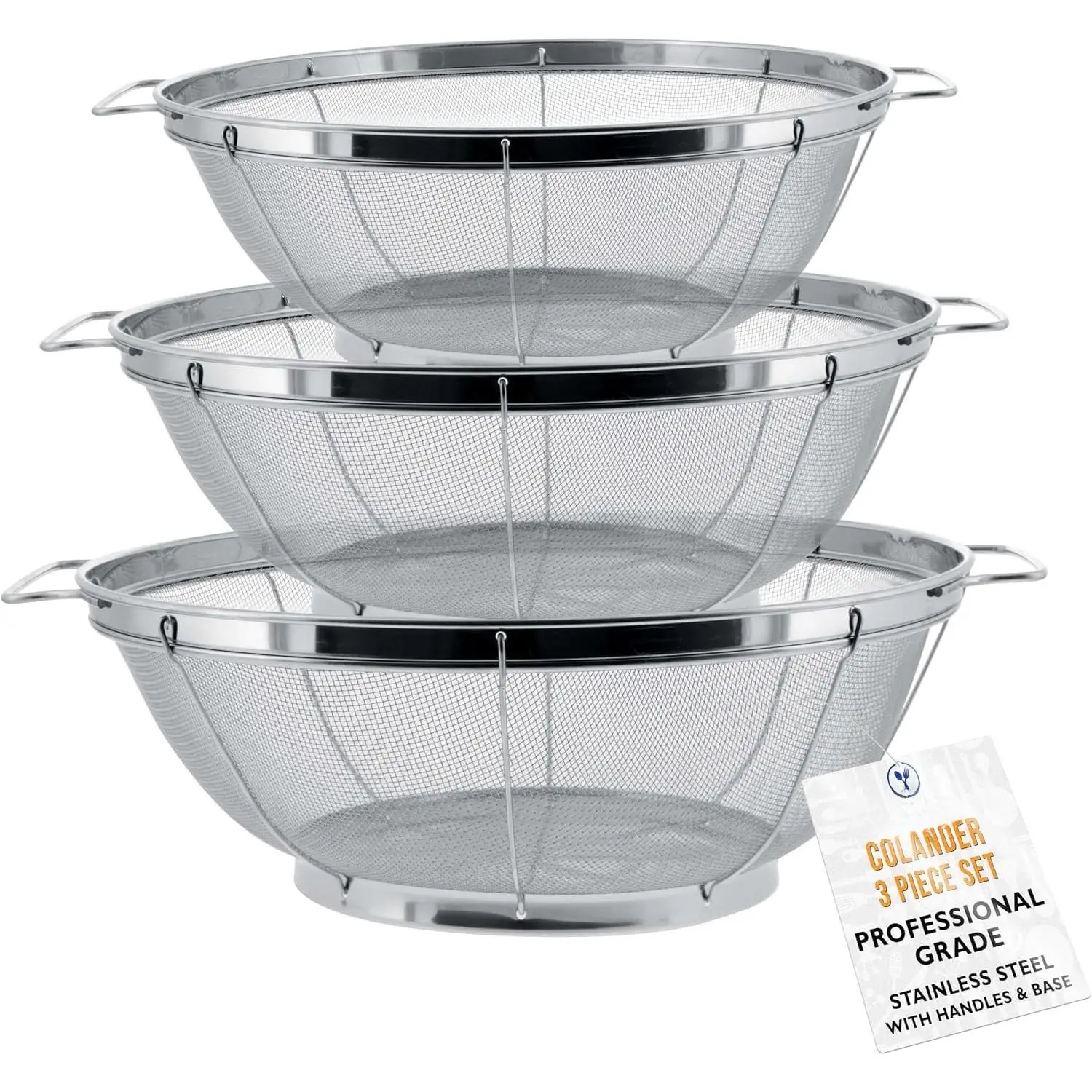 Set of 3 Stainless Steel Colander Strainers Net Baskets 5, 4, & 3-Quart - Colander with Handles & Resting Base - Stainless Steel Sieve, Mesh Strainers and Colanders for