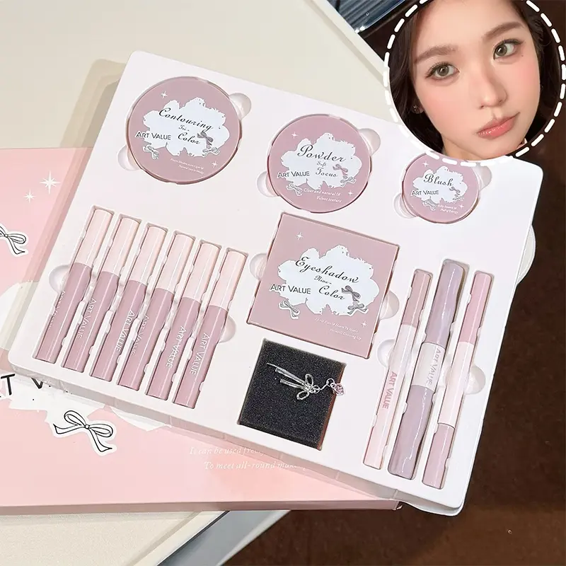 All In One Full Face Makeup Sets Combo Gift Set 9 Color Eyeshadow Palette Triple Shade Contour Compact Blush Setting Powder 9 Liquid Lip Gloss Complete Face Eye Lip Cosmetic Kit