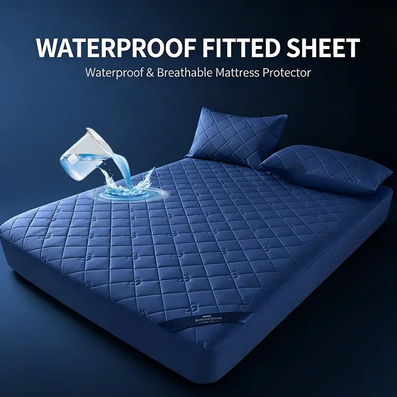 Viral Noiseless Waterproof Quilted Bed Fitted Sheet Set, Stretch Deep Pocket Mattress Barrier Protector, Soft Comfortable Silent Fabric Complete Bedding Kit for Family & Kids Bedroom Decor