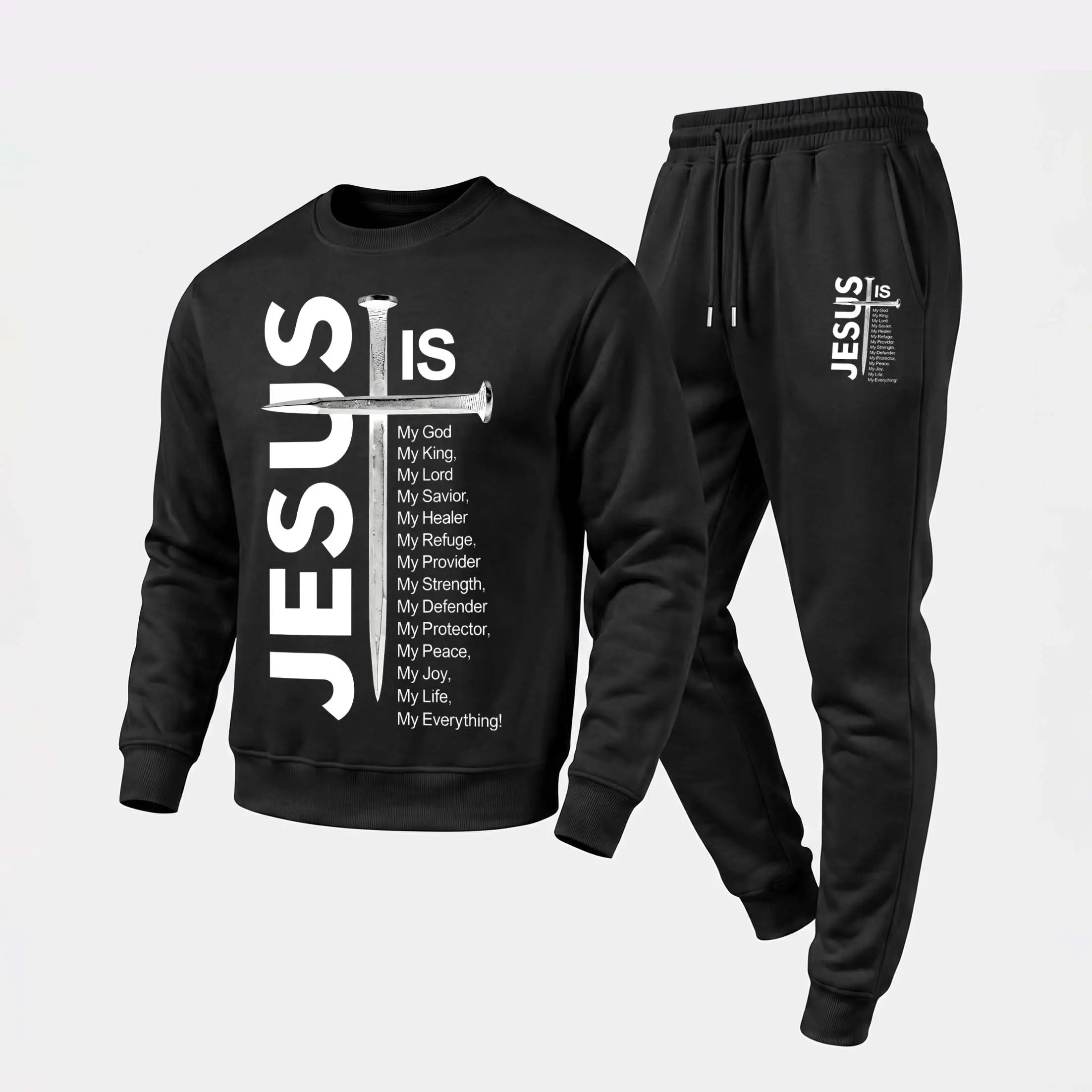 Men's Casual Tracksuit, Letter Print 2-Piece Sweatsuit Set with Crewneck Sweatshirt and Joggers, Loose-Fit Polyester Outfit for Lounge & Daily Wear, Minimalist, Menswear, Day, Round Neck
