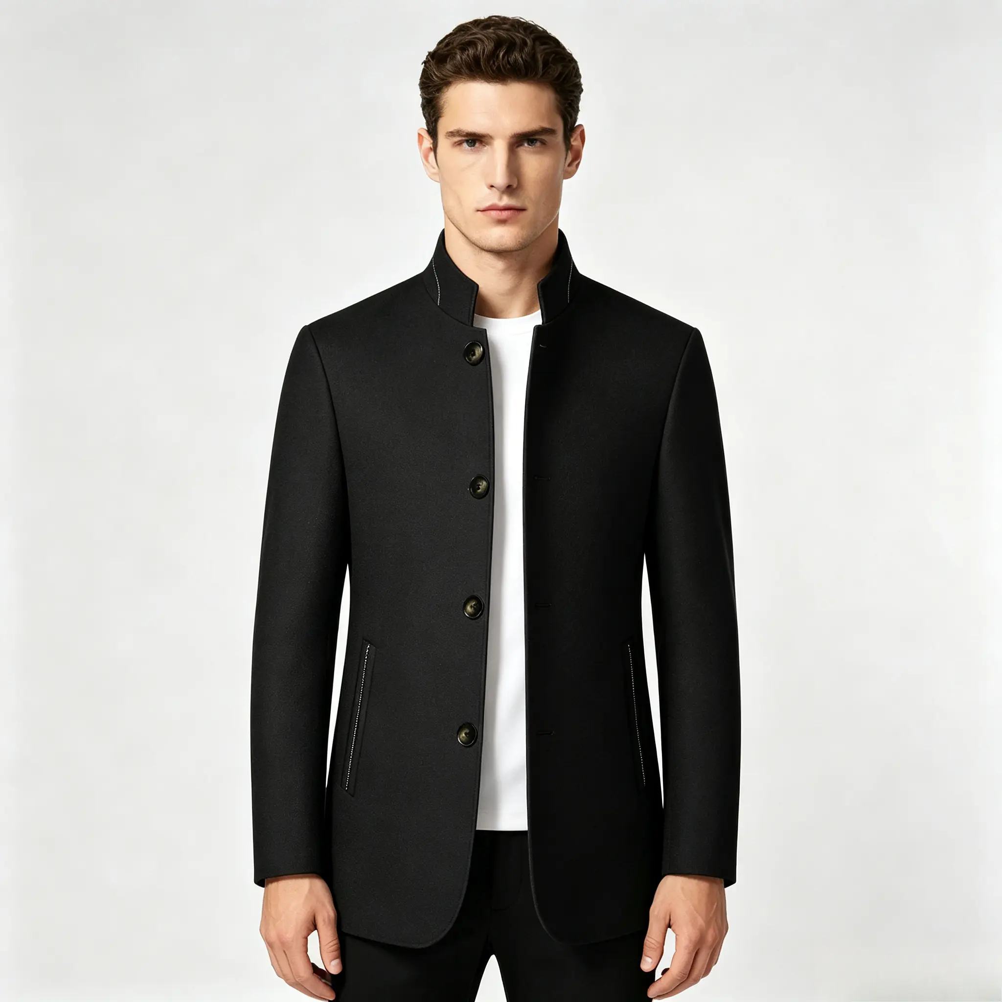 Men's WOOL Long Sleeve Jacket - Stand-Up Collar, Single-Breasted, Side Pockets, Polyester Lining for Cold Resistance & Warmth, Textured Fabric for Autumn Winter Formal Wear, Workwear, Semi-Formal Office Use