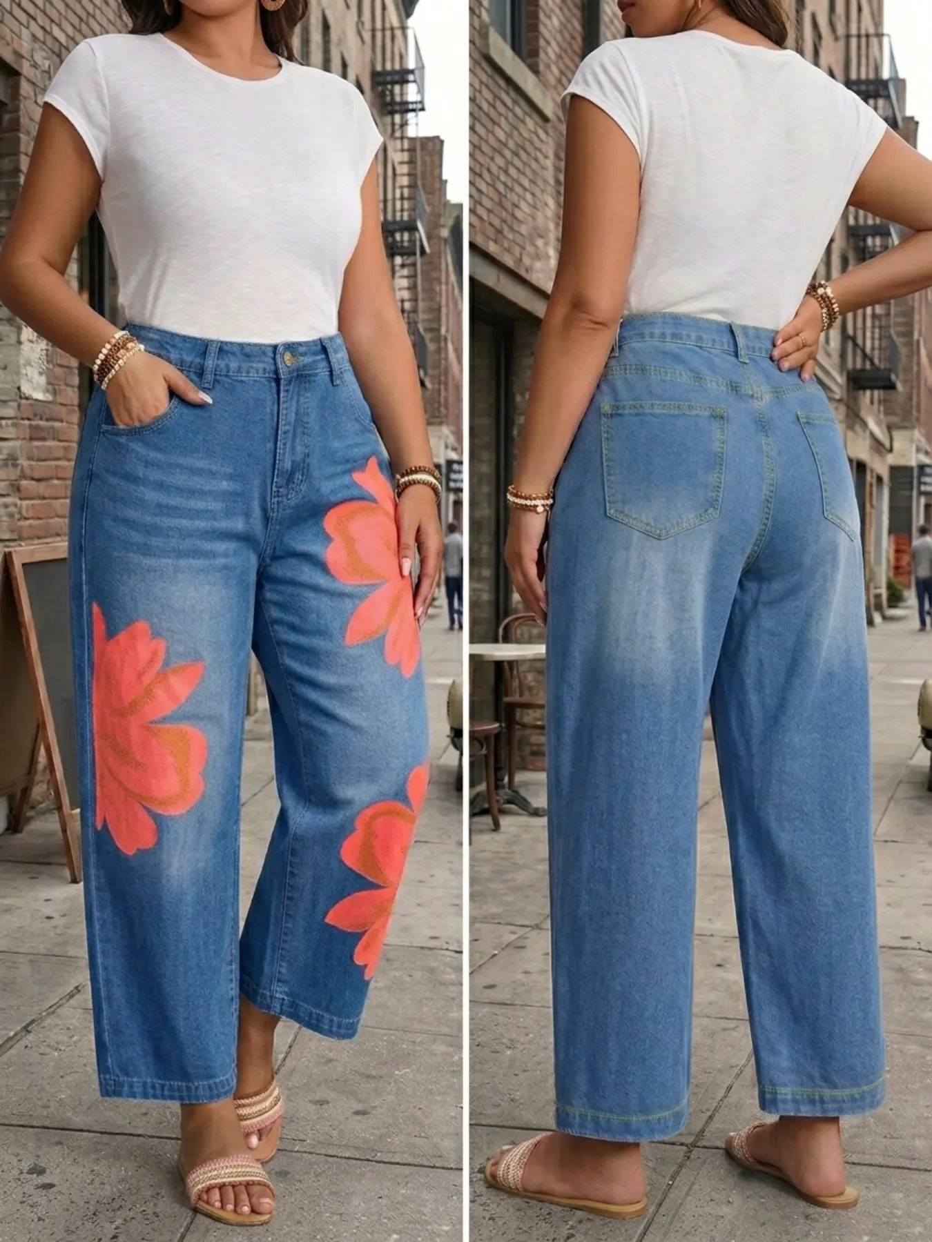 High Waist Wide Leg Jeans for Women, Side Floral Print Washed Wide Leg Pants, Casual Vacation Pear Shape Versatile Long Pants Bottoms