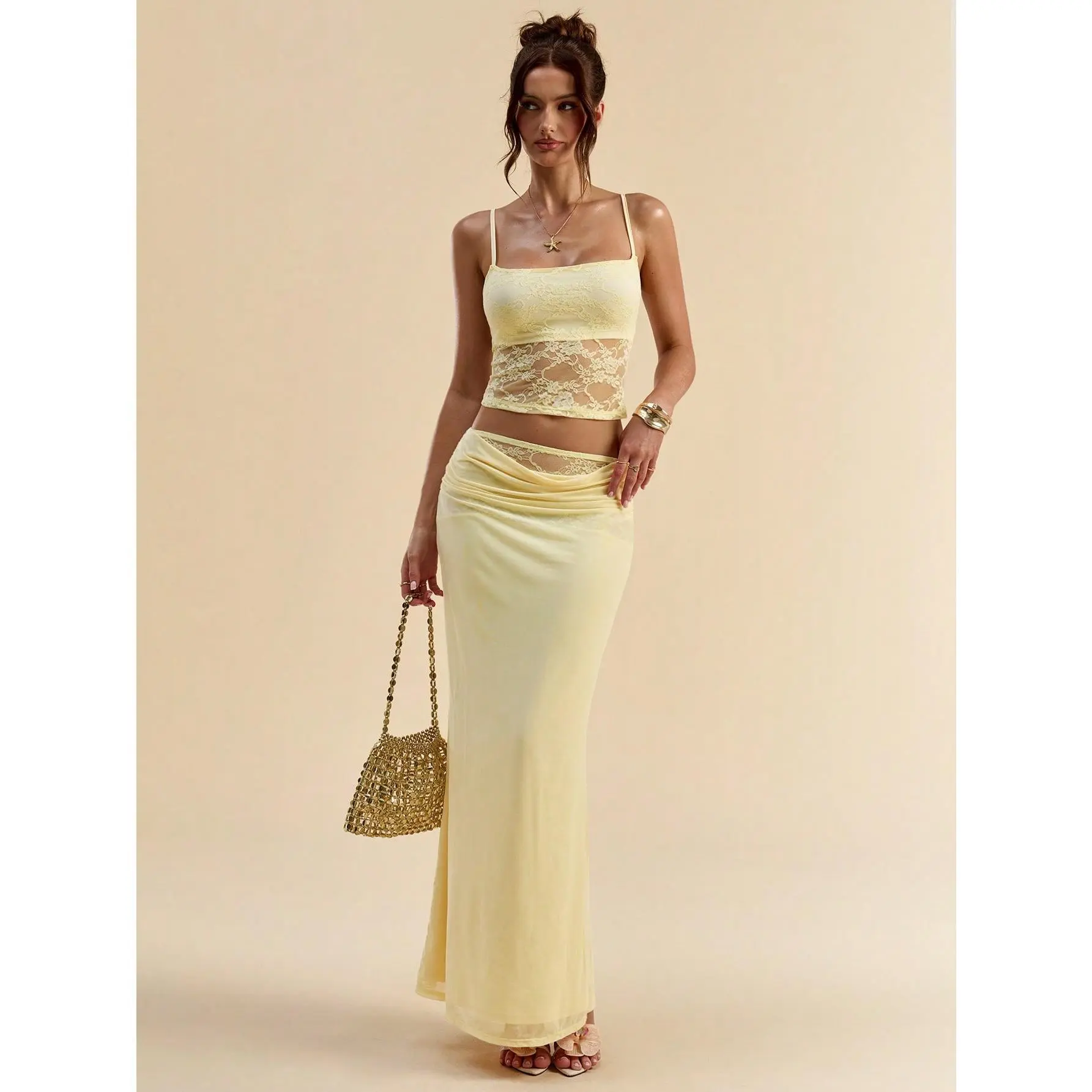 2 Piece Vacation Outfits Lace Backless Cami Tops with Maxi Skirts Summer Going Out Sets