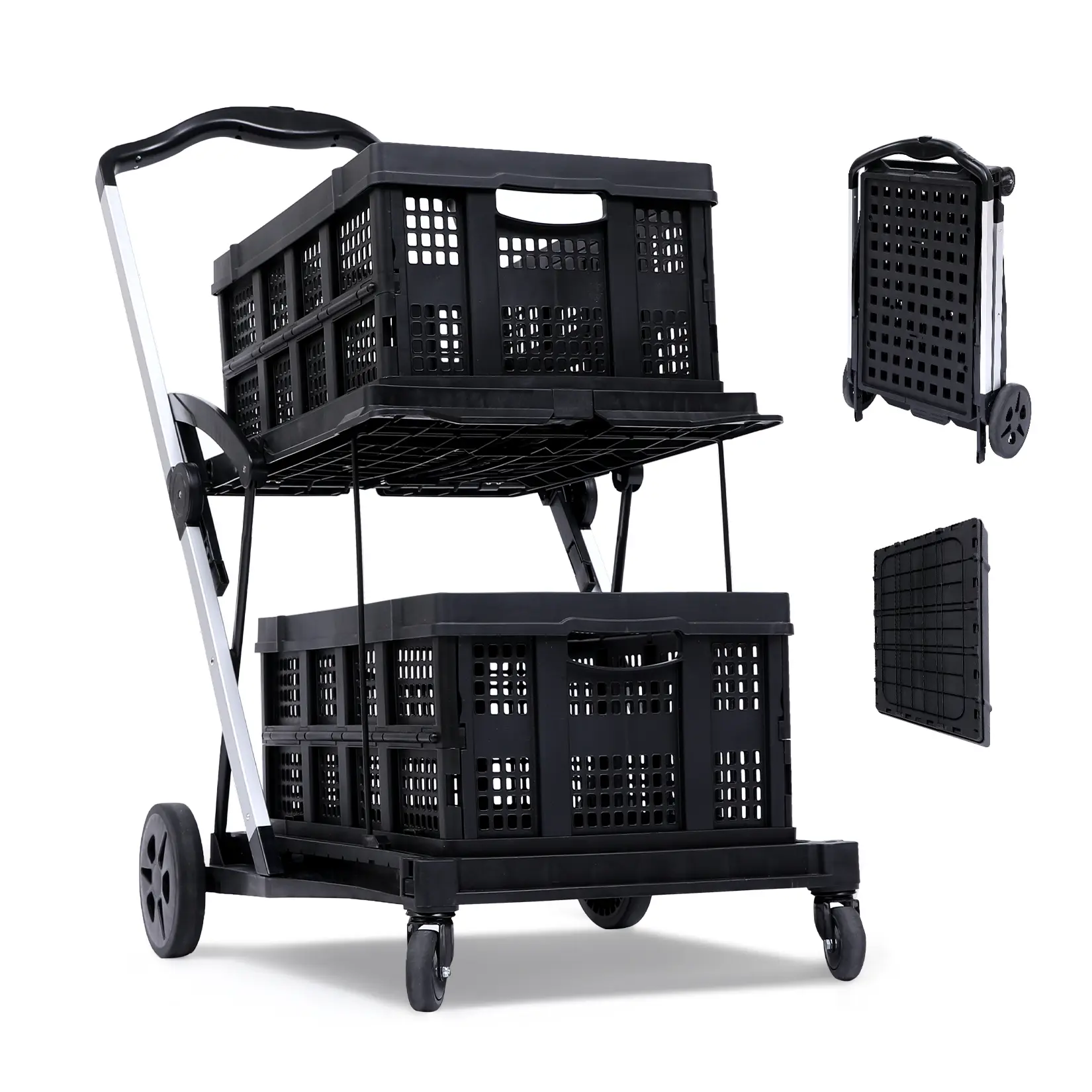 2 Tier Folding Shopping Cart with 2 Cargo Boxes, 198 lbs Heavy Duty Utility Trolley, One-Button Fold Rolling Cart for Grocery & Warehouse