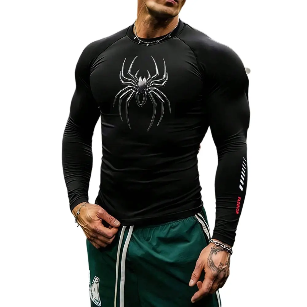 Men's Long Sleeve Graphic Print Compression T-Shirt, Quick-Dry Slim-Fit Athletic Top for Cycling, Running, Fitness (European American Style)
