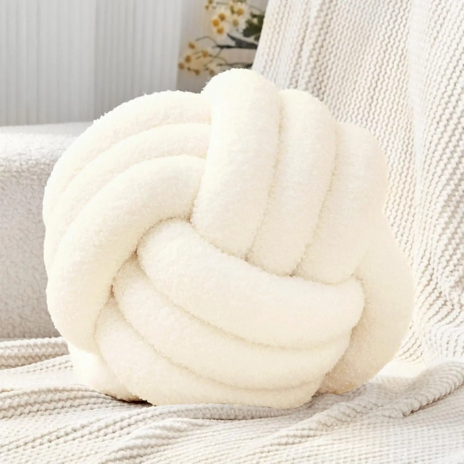 Ivory White Knot Pillow Ball, 8 Inch Round Decorative Throw Pillow | Lambswool, Handmade, Soft Touch, Machine Washable, Throw Pillow for Couch, Bed, Accent Chair, Bedroom and Living Room Decor