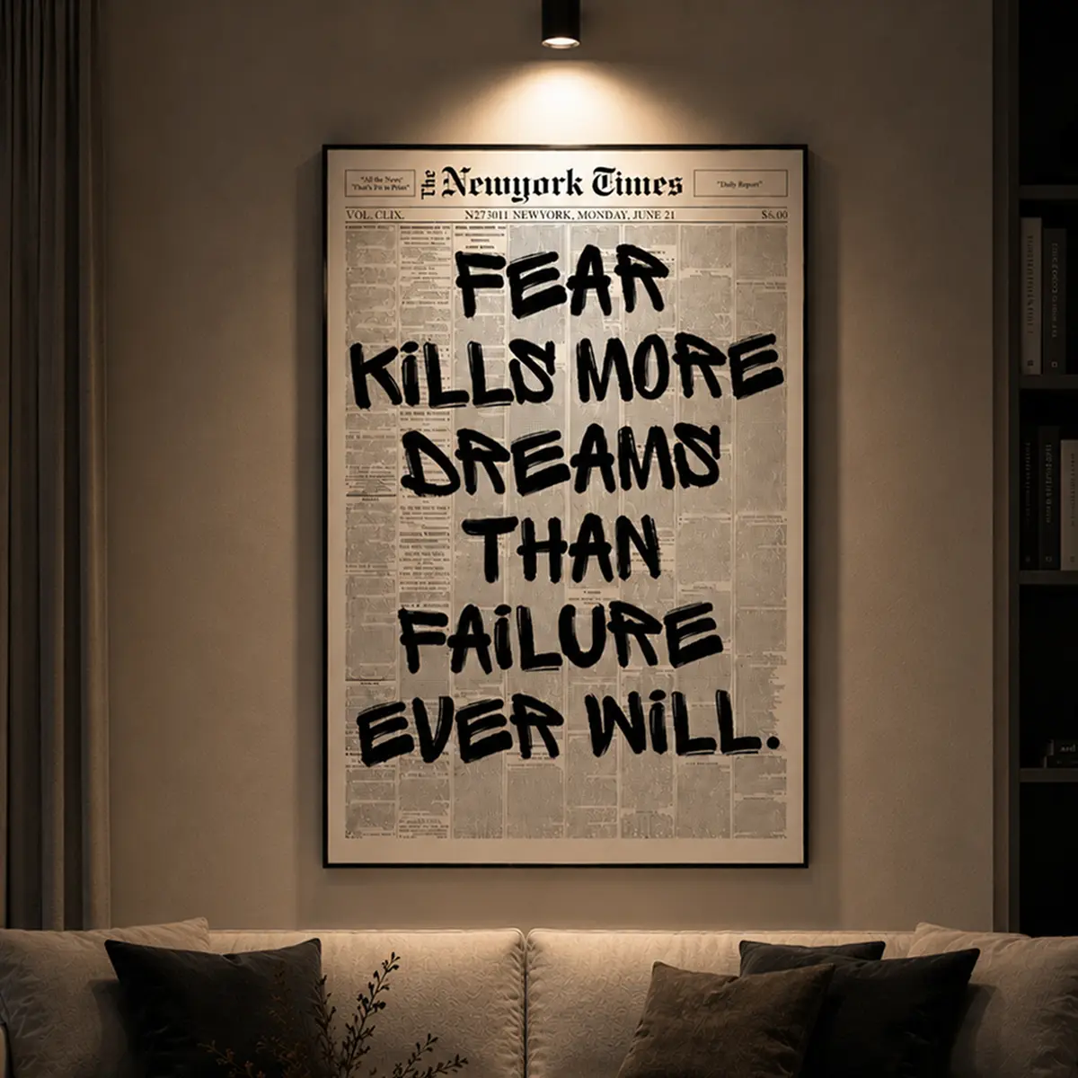 Retro "Fear Kills More Dreams Than Failure" Newspaper Poster, Motivational Wall Art, Typography Print, Uplifting Quote, Inspirational Wall Art, Office Decor, Success Mindset Decor, Entrepreneur Decor, Aesthetic Room Decor, Gift Idea
