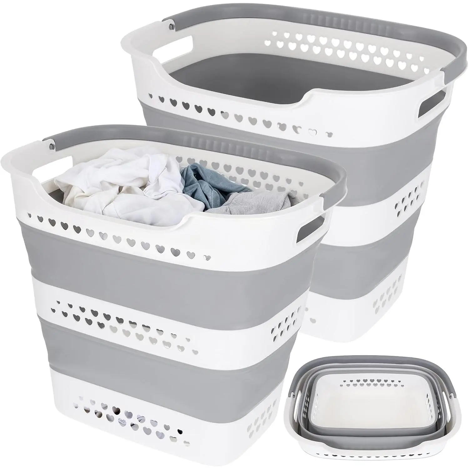 2 Pcs Collapsible Laundry Baskets, 43L Plastic Laundry Hamper for Dirty Clothes Dorm Bedroom, Space Saving Pop-Up Laundry Hamper Container, Foldable Durable Laundry Basket with Handle