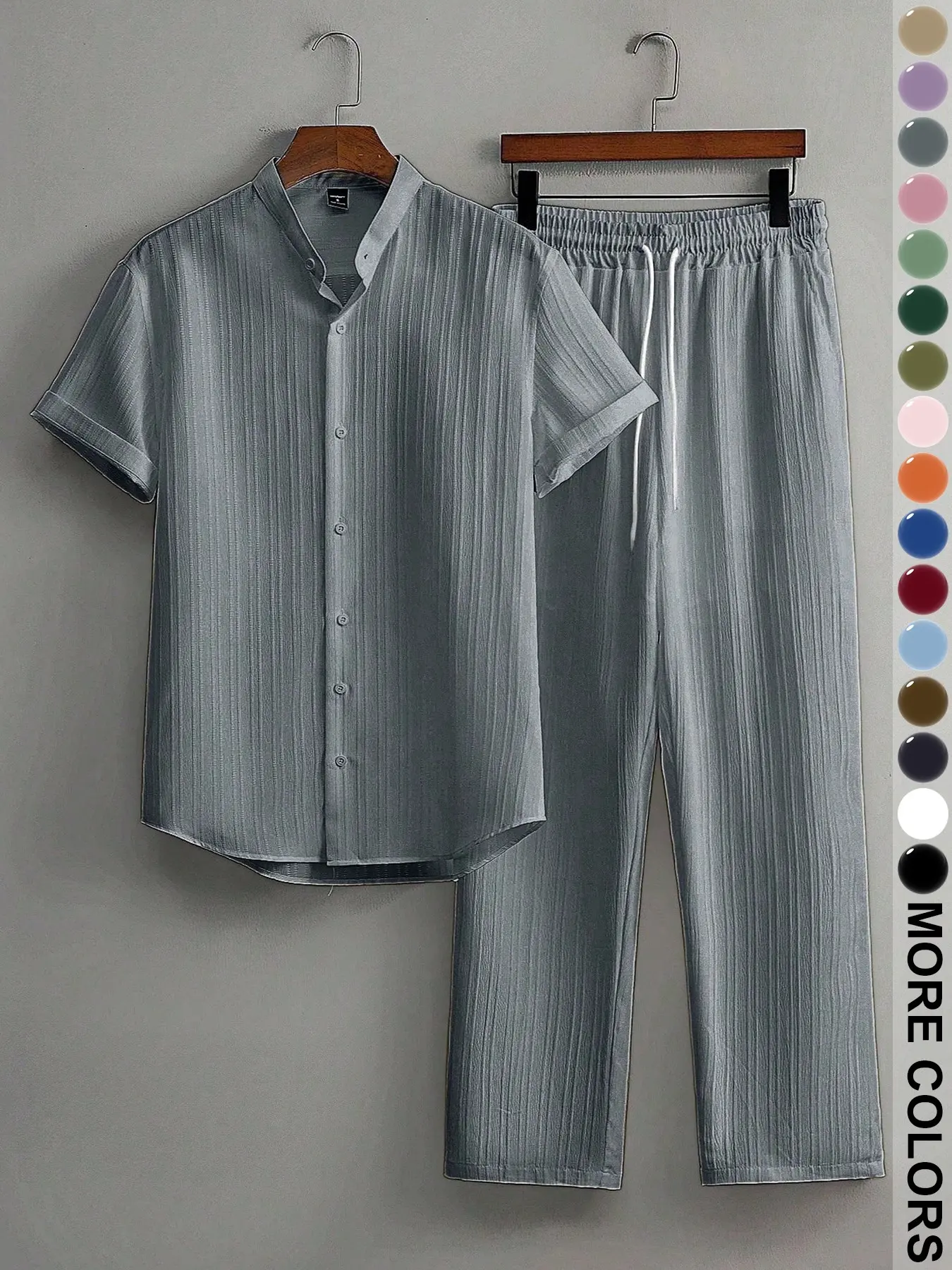 Men's Summer Ice Silk Stand Collar Short Sleeve Set, Breathable Casual Long Pants, Vintage Party Wear, Fashionable and Comfortable