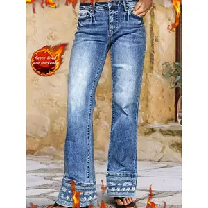 Women'S Fleece-Lined Thermal Jeans with Flared Leg| Heavyweight Vintage Wash Denim Pants in Retro Blue| Elastic Waist| Unique Embroidered Cuff Detailing| Cold Weather Winter Trousers with Thermal Insulation & Faux Inner Layer