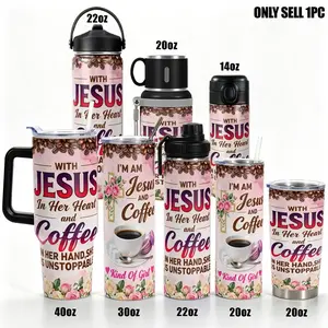 1pc Stainless Steel Cup Tumbler 40oz/30oz/20oz Insulated Water Bottle, Insulated Travel Drinkware, Design With Jesus and Coffee Floral Cross Double-layer insulation Leakproof Large Capacity, For Gym, Hiking, Travel Ideal Birthday Chri
