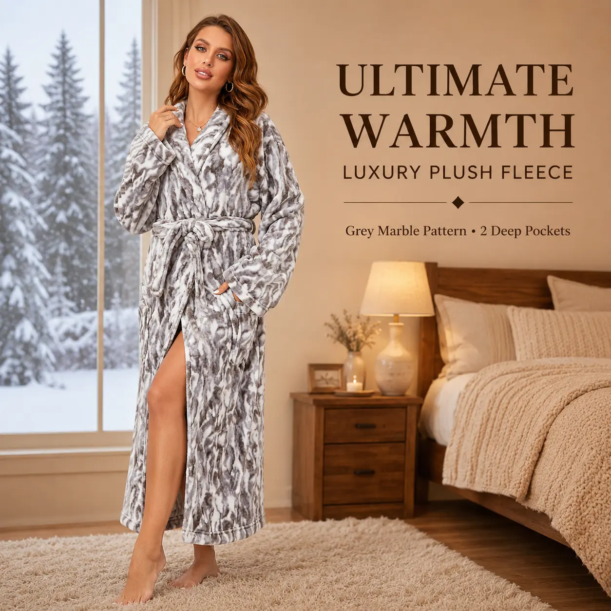 Women's Fluffy Faux Fur Bathrobe - Gray Shawl Collar Loungewear with Pockets, Cozy Warm Elegant Fabric Robe for Daily Lounging # collection