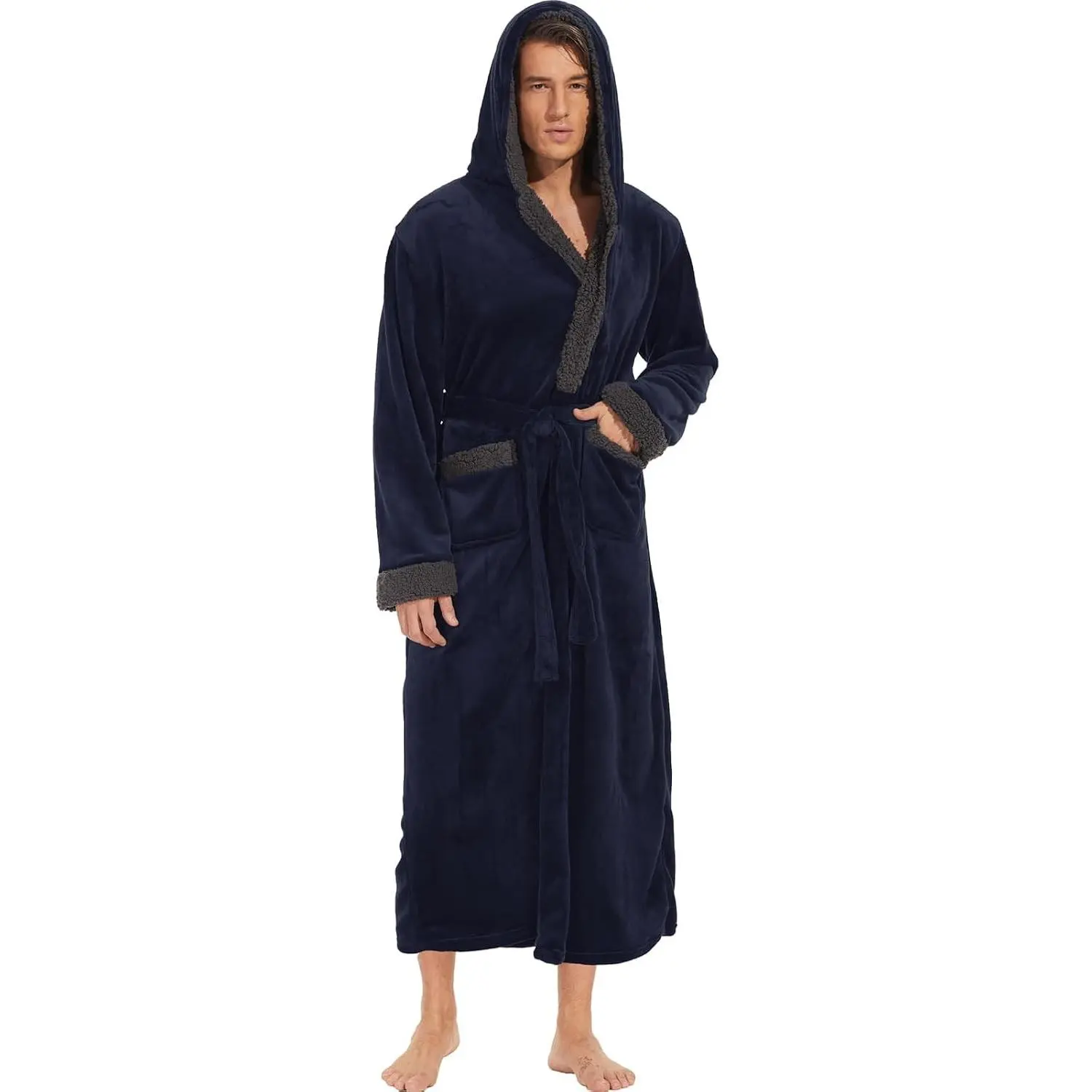 Mens Robe with Hood, Big and Tall Warm Soft Plush Robes for Men, Men's Bathrobe with Pockets for Spa Bath Shower