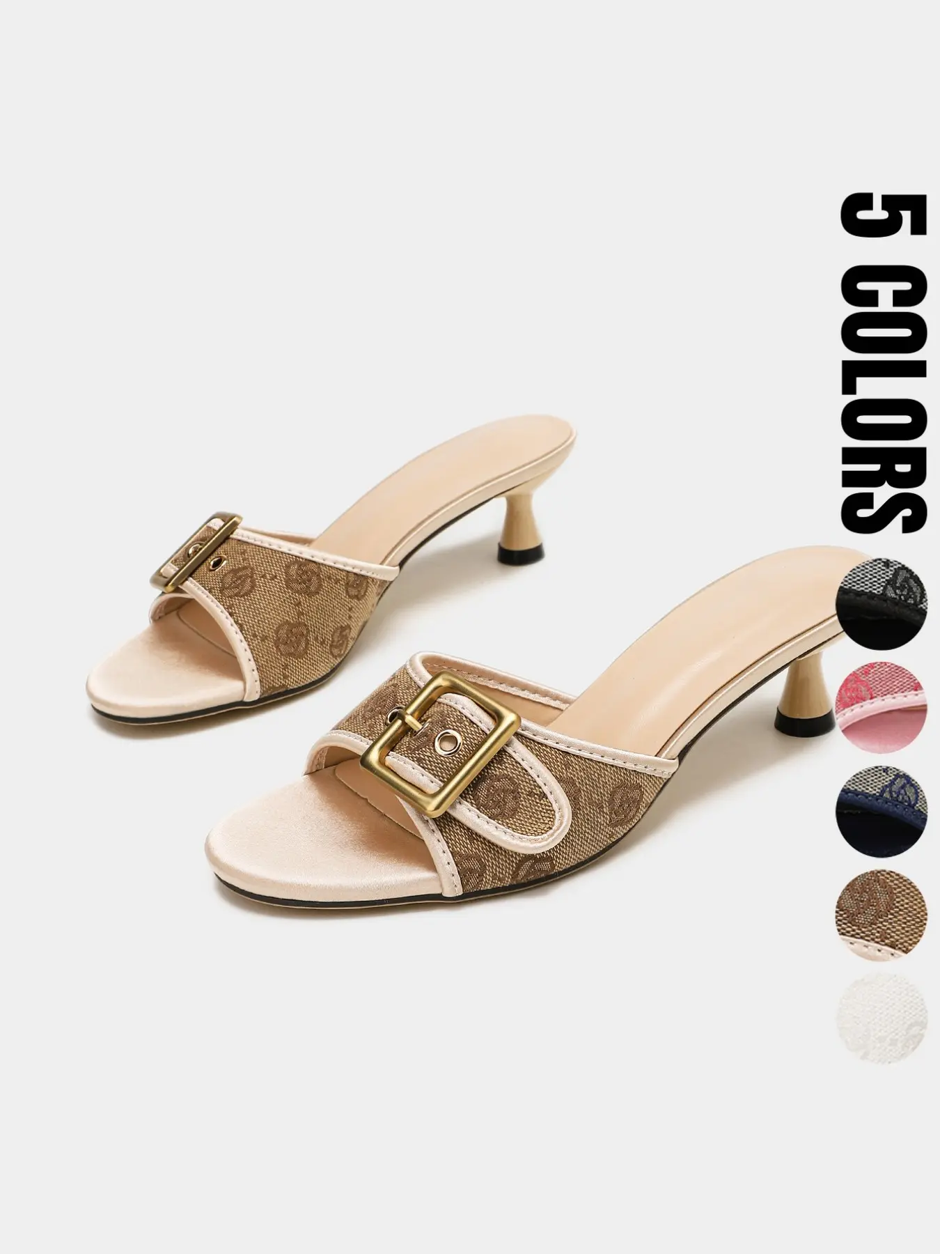 Women's Open-Toe Slip-On Mules, Low Heel Wine Glass Heel, Letter Print Fabric Upper, Buckle, Anti-Slip Rubber Sole, Backless Mule Sandals