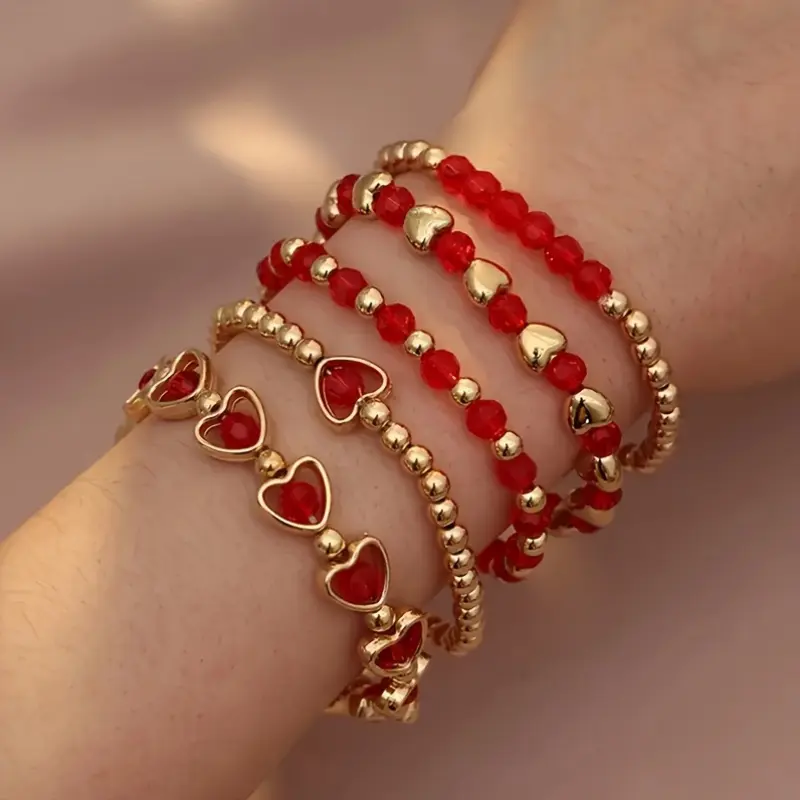 Women's 5-Piece Boho Heart Beads Stacked Bangles Set, Red Casual Wear Costume Jewelry, Valentine’s Day Gift, Unisex Option, Beading Detail
