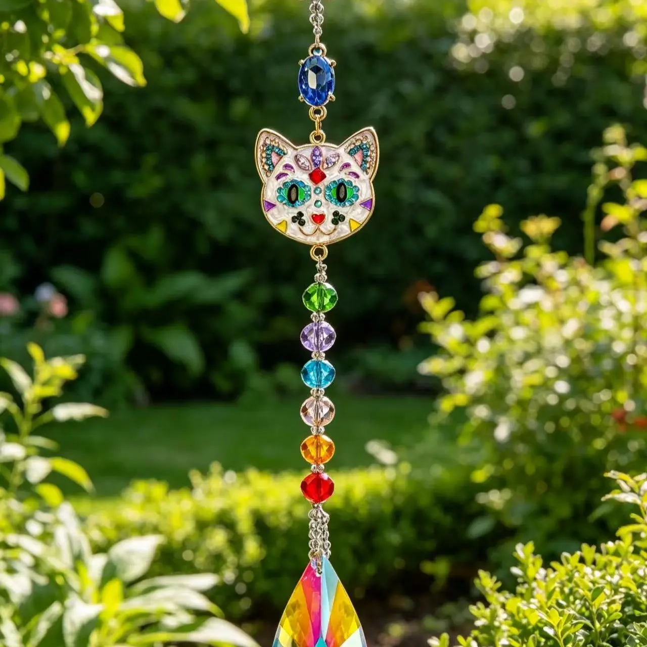 Multicolor Cat Sun Catcher Crystal Prism Hanging Decor, Ab Teardrop Pendant with 7 Chakra Beads, Rainbow Maker for Windows, Garden, Home Decor, Holiday Gift