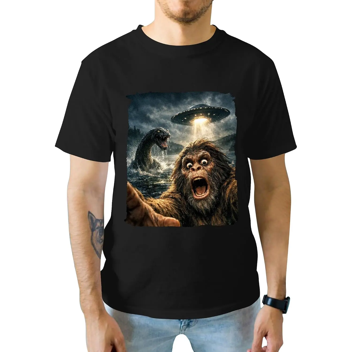 Funny Bigfoot UFO Nessie Monster Selfie Graphic Tee - Standard Pure Cotton Tshirt | Front Print Humorous Cryptid Top for Women & Men, Short Sleeve Crewneck Regular Fit for Daily Wear and Geek Parties