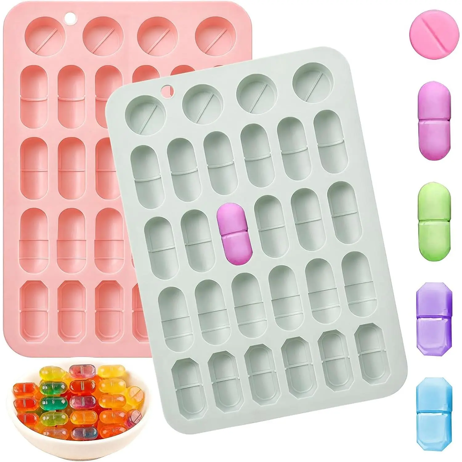 2PCS Silicone Pill Mold Trays for Making Pills, 5 Size Capsule Shaped Candy Molds for Chocolate & Pill Molds for Making Pills Capsule Silicone Filling Fillers Presser Maker