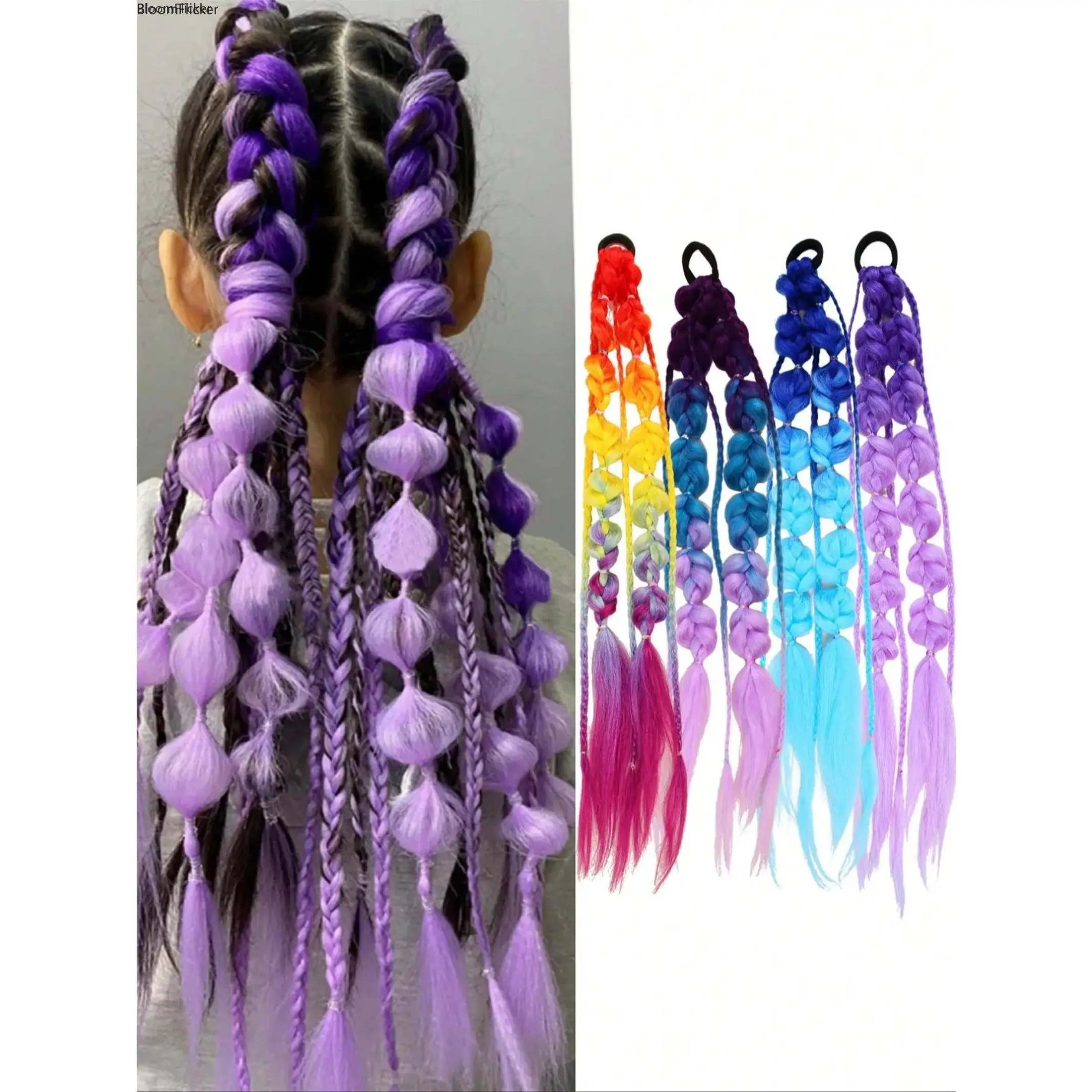 2Pcs/1Pcs Rainbow Gradient Twist Bubble Lantern Braid Ponytail Hair Tie, Dual Color Realistic Long Hairband, Stylish Hair Accessory For Back Updos, Role Play And Music Festival Hairstyling