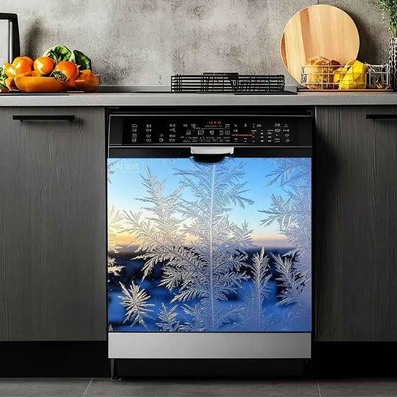 2D Flat 2Pcs Frost Crystal Pattern Dishwasher Sticker, Decorative Decal, Vinyl Magnetic Cover Blue Ice Decorative Panel For Kitchen Appliance Home Decor Refrigerator Cabinet Door Front Removable Self Adhesive Waterproof Seasonal Decoration