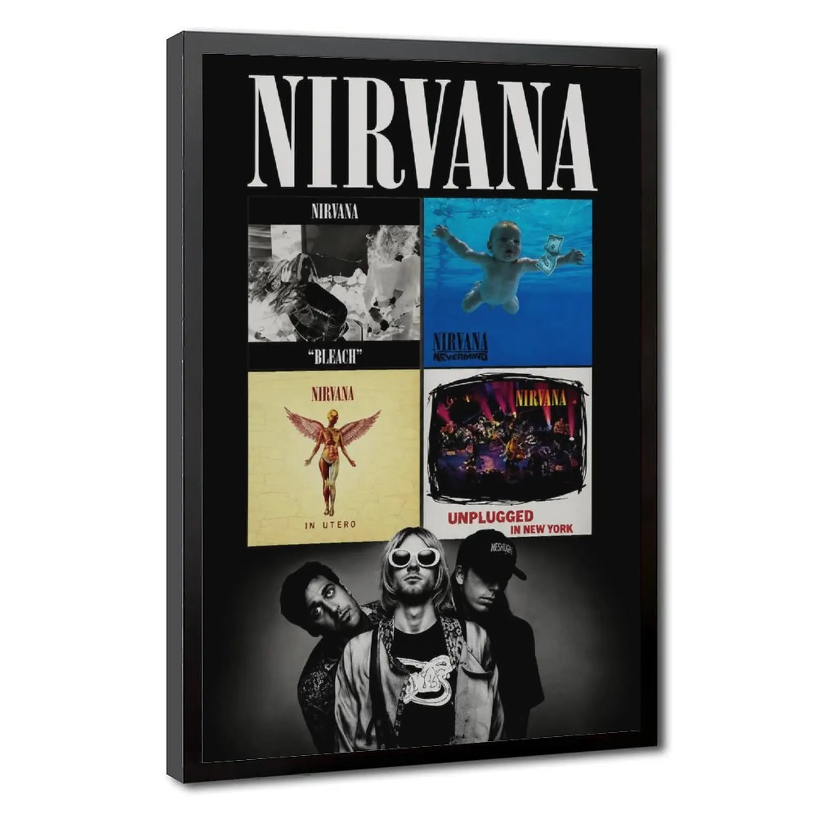 Vintage Nirvana Hanging Photo Set, Kurt Cobain Grunge Rock Minimalist Canvas Print, 90s Music Aesthetic Home Decor for Bedroom & Studio, Cartoon
