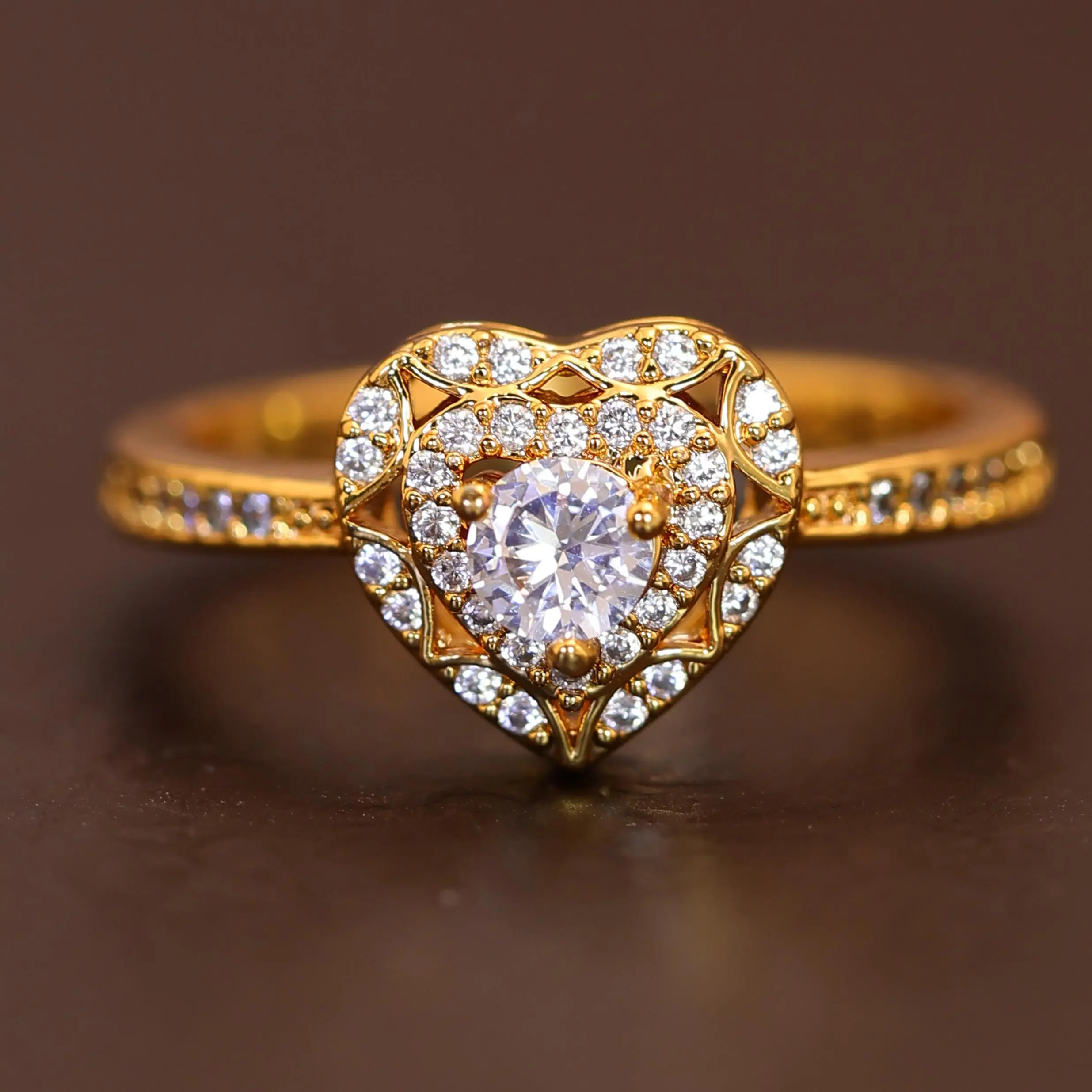 Heart-Shaped Promise Ring, Golden-Tone Halo Design with Pavé Band, Rings for Women, Romantic Gifts for Your Girlfriend, Gold Rings