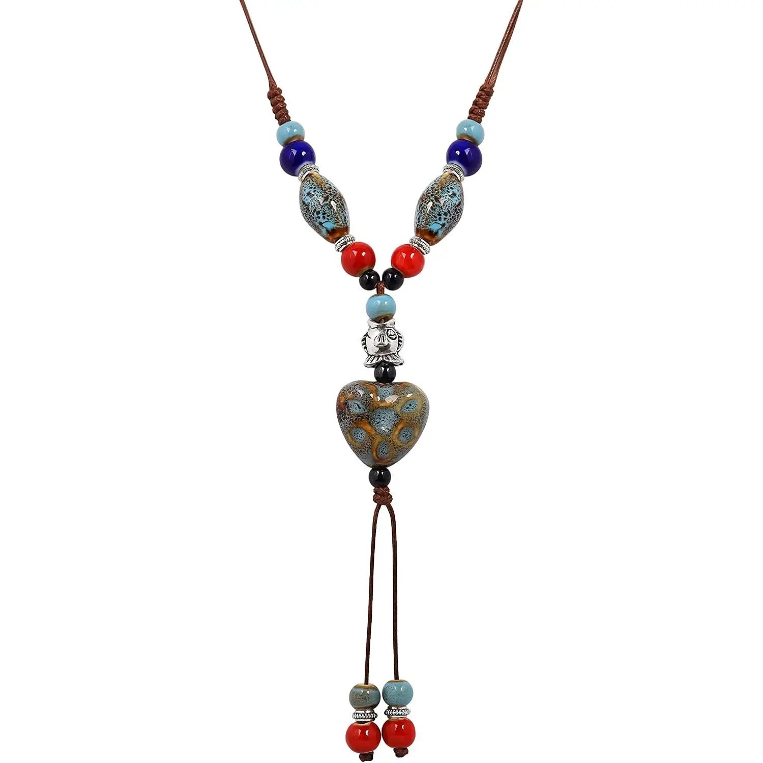 Boho Hippie Colorful Ceramic Heart Bead Strand Necklace, Bohemian Summer Statement   for Women