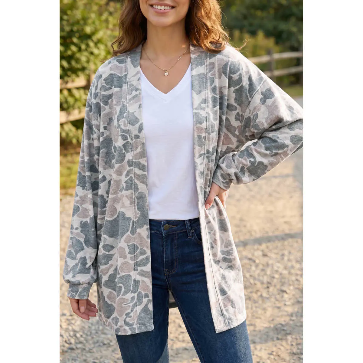 Women's Polyester Long-Sleeve Tunic Cardigan - Multicolour Camouflage Print, Open Front, Casual Elegance Everyday Knitwear Tops, Longsleeves