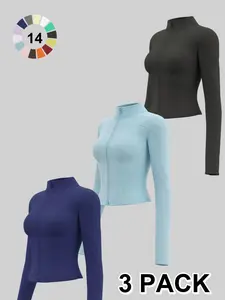 3-Pack Women's Casual Sporty Long Sleeve Jacket, Fitted Zipper Fitness Coat with Thumbholes, Quick Dry All-Season Top