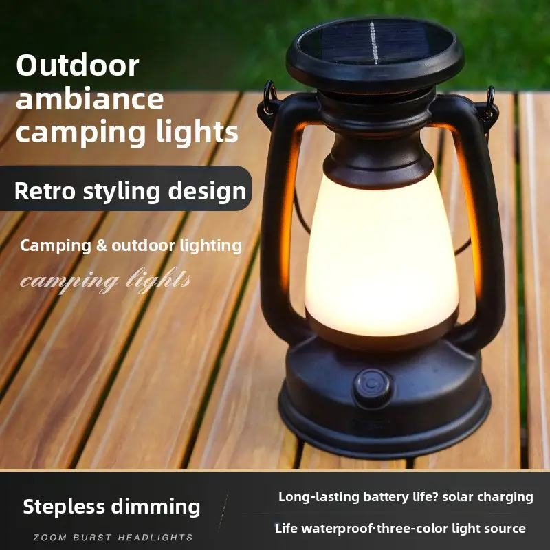 Outdoor solar camping lamp, portable camping lamp, rechargeable ambient lamp, outdoor lighting tent lamp, vintage kerosene lamp, lantern